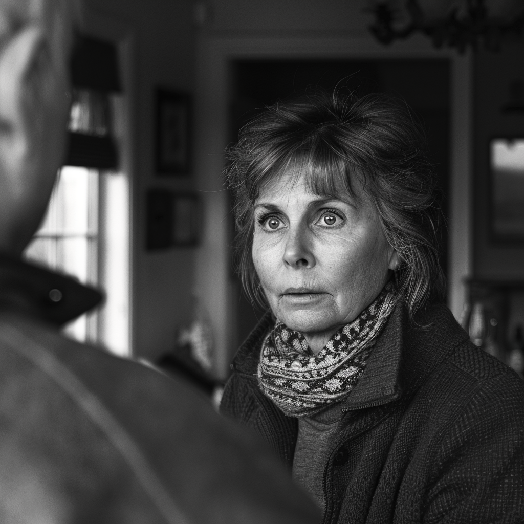 A grayscale photo of a woman looking at her husband | Source: Midjourney