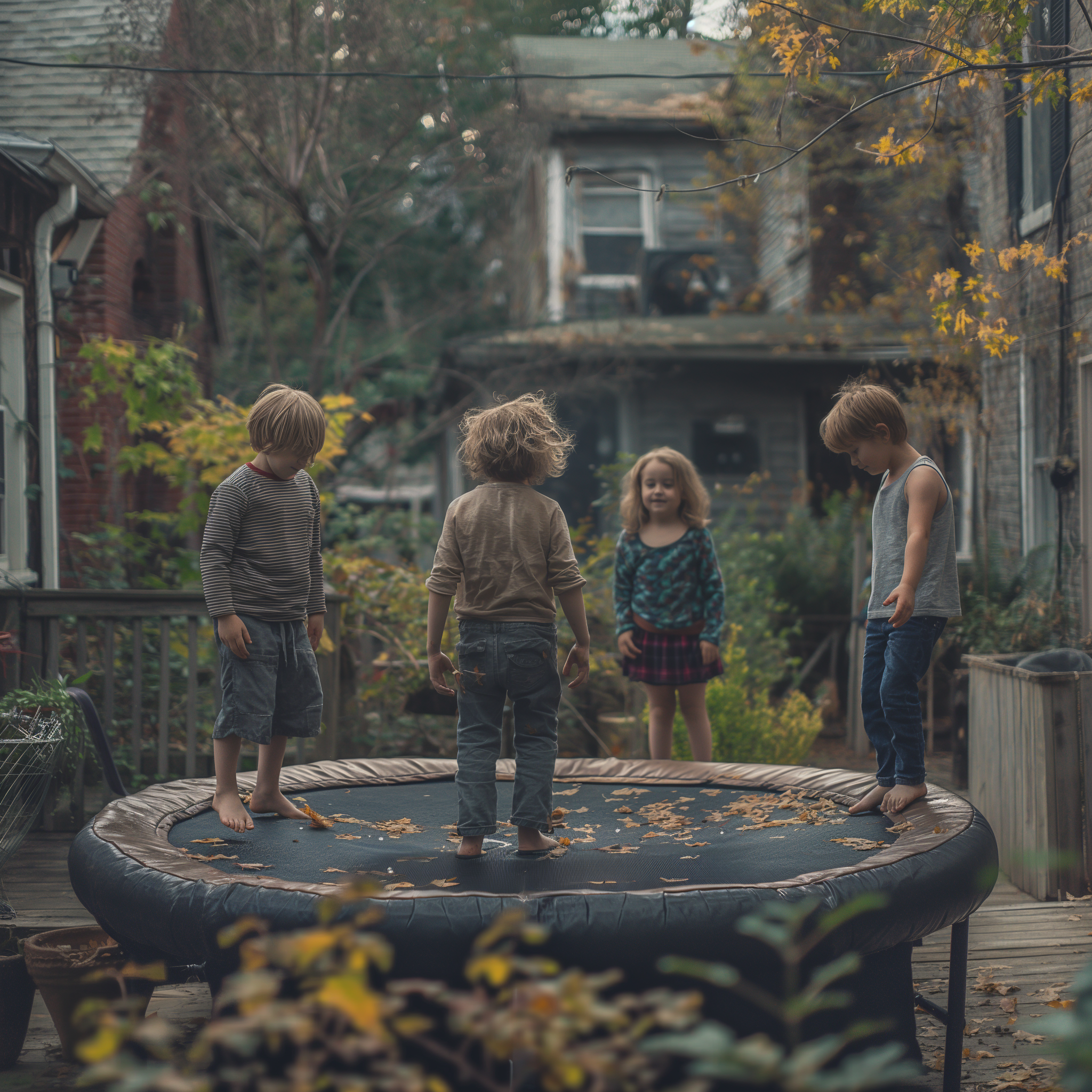 Happy kids playing on a trampoline in a backyard | Source: Midjourney