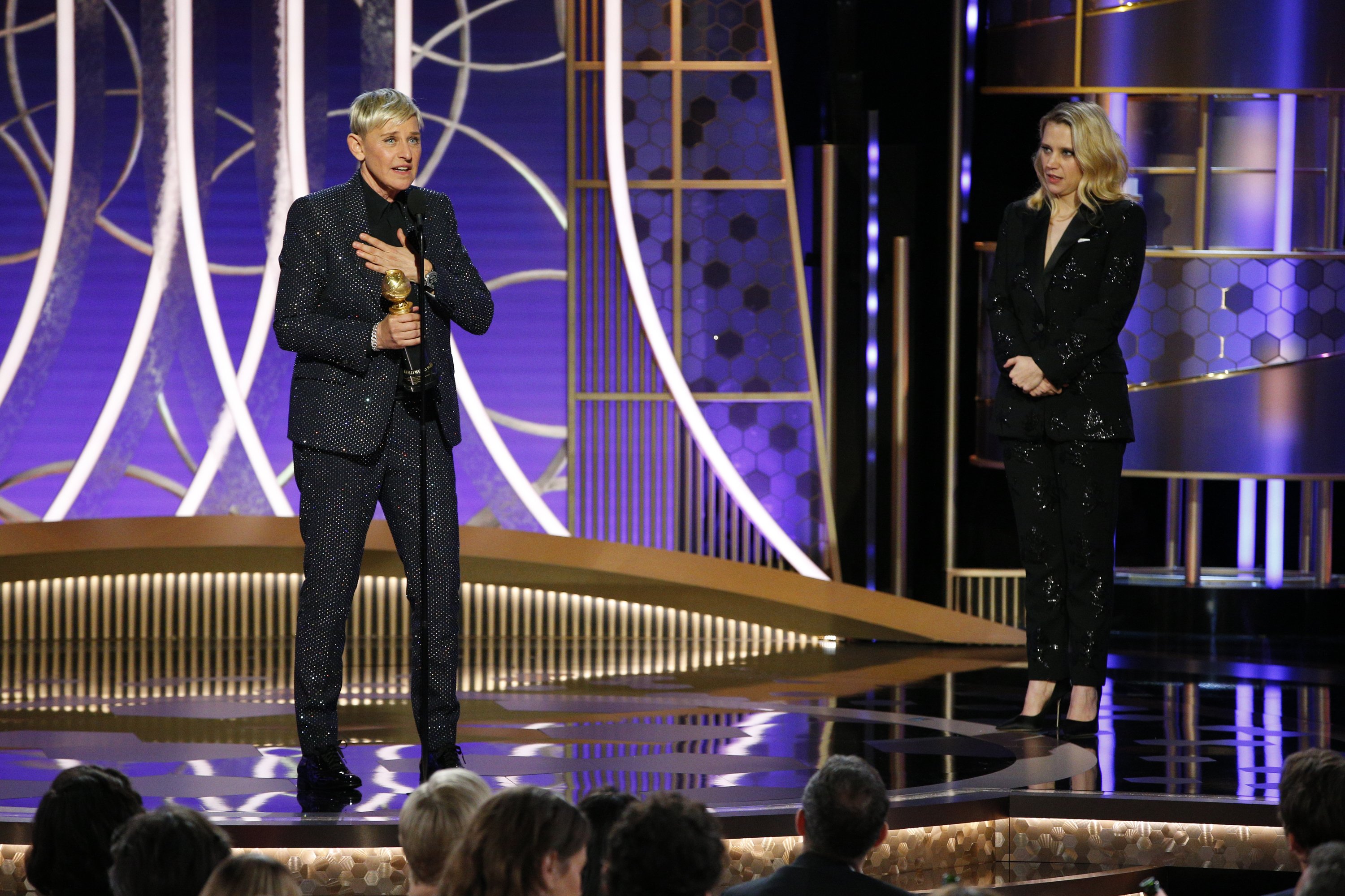 Ellen DeGeneres accepts the CAROL BURNETT AWARD presented by Kate McKinnon onstage during the 77th Annual Golden Globe Awards at The Beverly Hilton Hotel on January 5, 2020, in Beverly Hills, California. | Source: Getty Images
