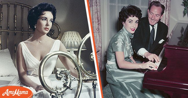 Actress Elizabeth Taylor stars in the MGM film, 'Cat On A Hot Tin Roof', 1958. [Left] | Elizabeth Taylor and her husband Michael Wilding pictured sitting together at a piano at home in their apartment in England circa 1952. [Right] | Photo: Getty Images
