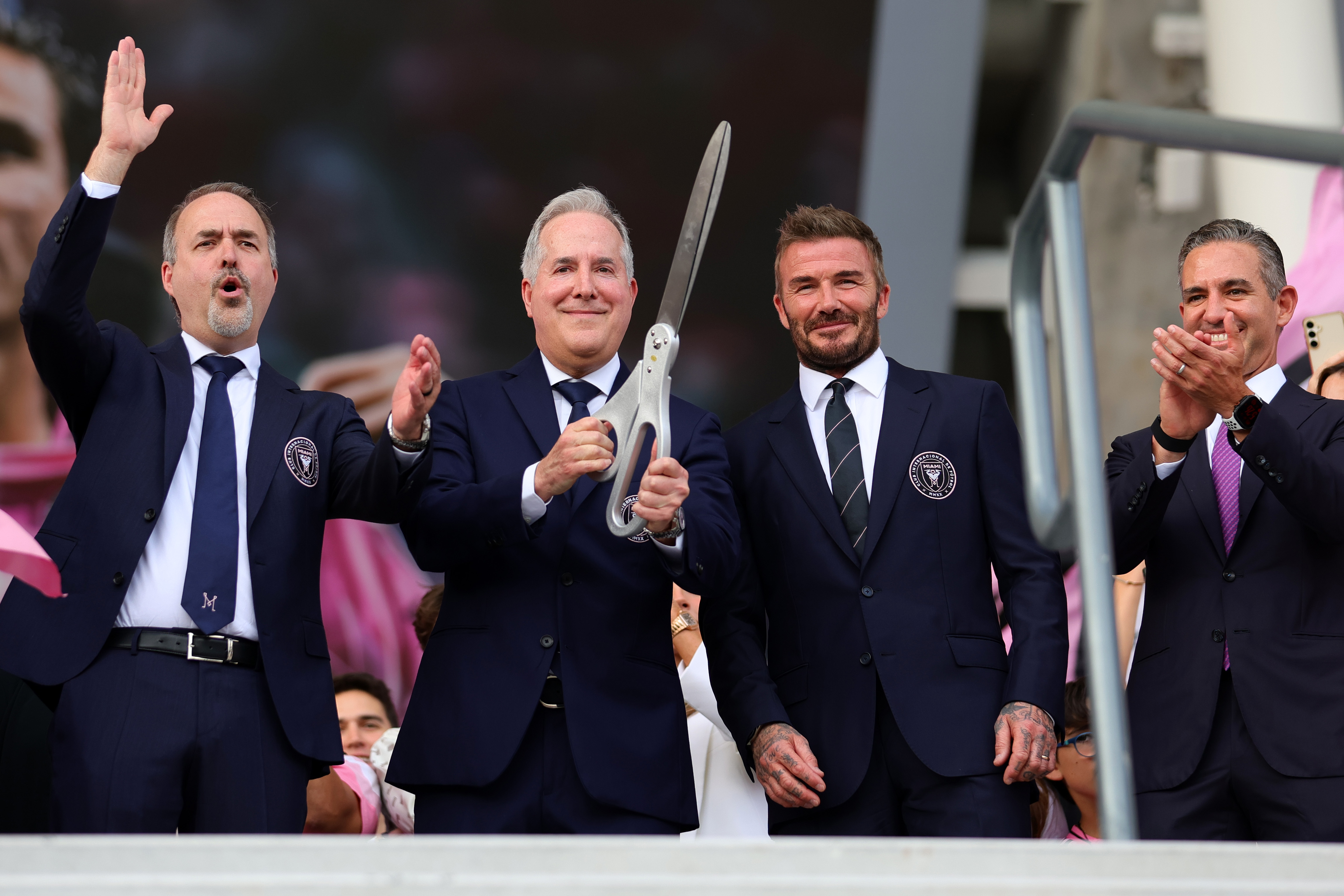 Jorge Mas, managing owner of Inter Miami, reacts after cutting the ribbon of the stadium alongside co-owners Jose Mas and David Beckham during the MLS match between Inter Miami CF and Austin FC at Nu Stadium on 4 April 2026 in Miami, Florida. | Source: Getty Images
