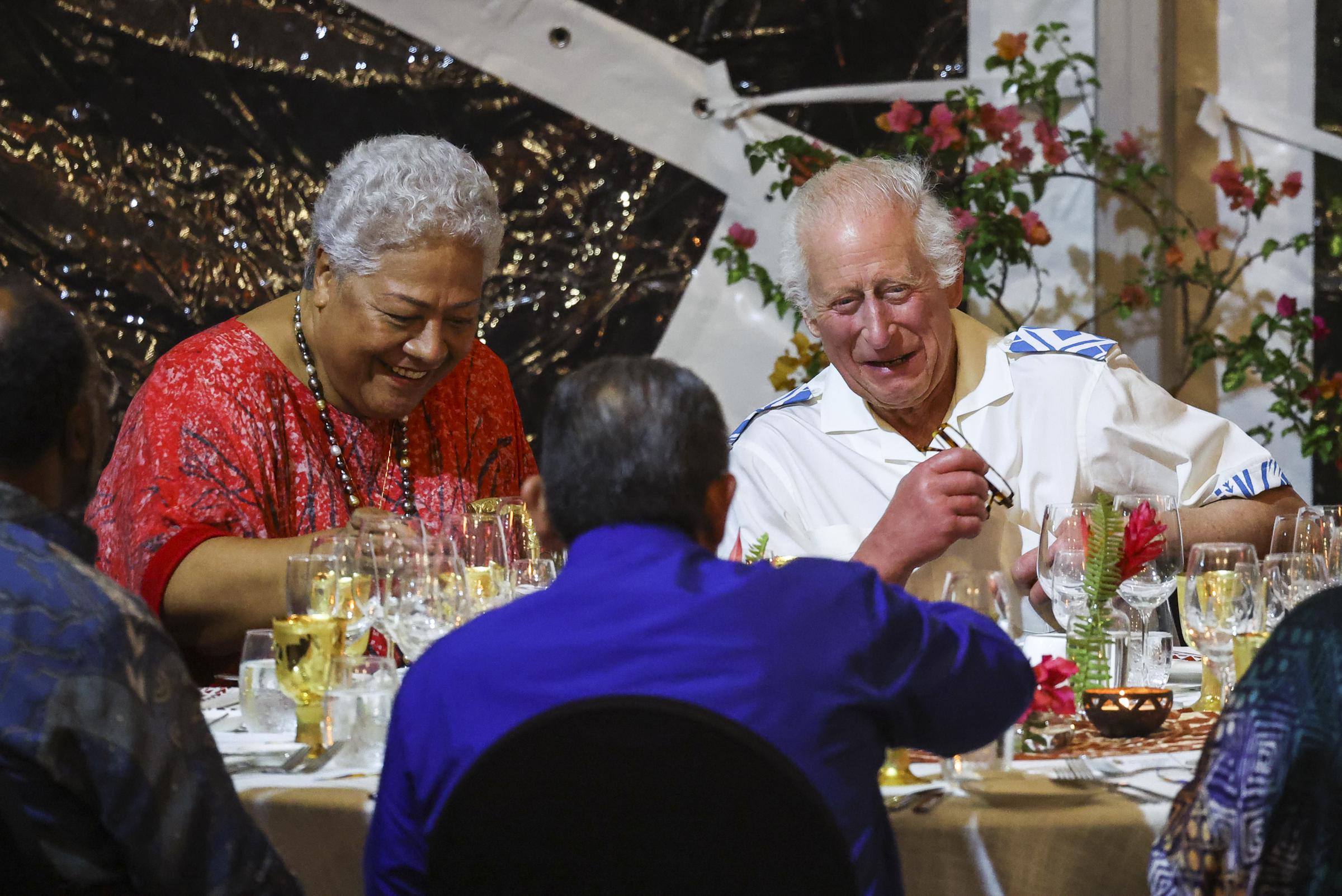 King Charles III and the Prime Minister of Samoa Naomi Mata'afa at the Robert Louis Stevenson Museum reception and dinner in Apia, Samoa on October 25, 2024 | Source: Getty Images