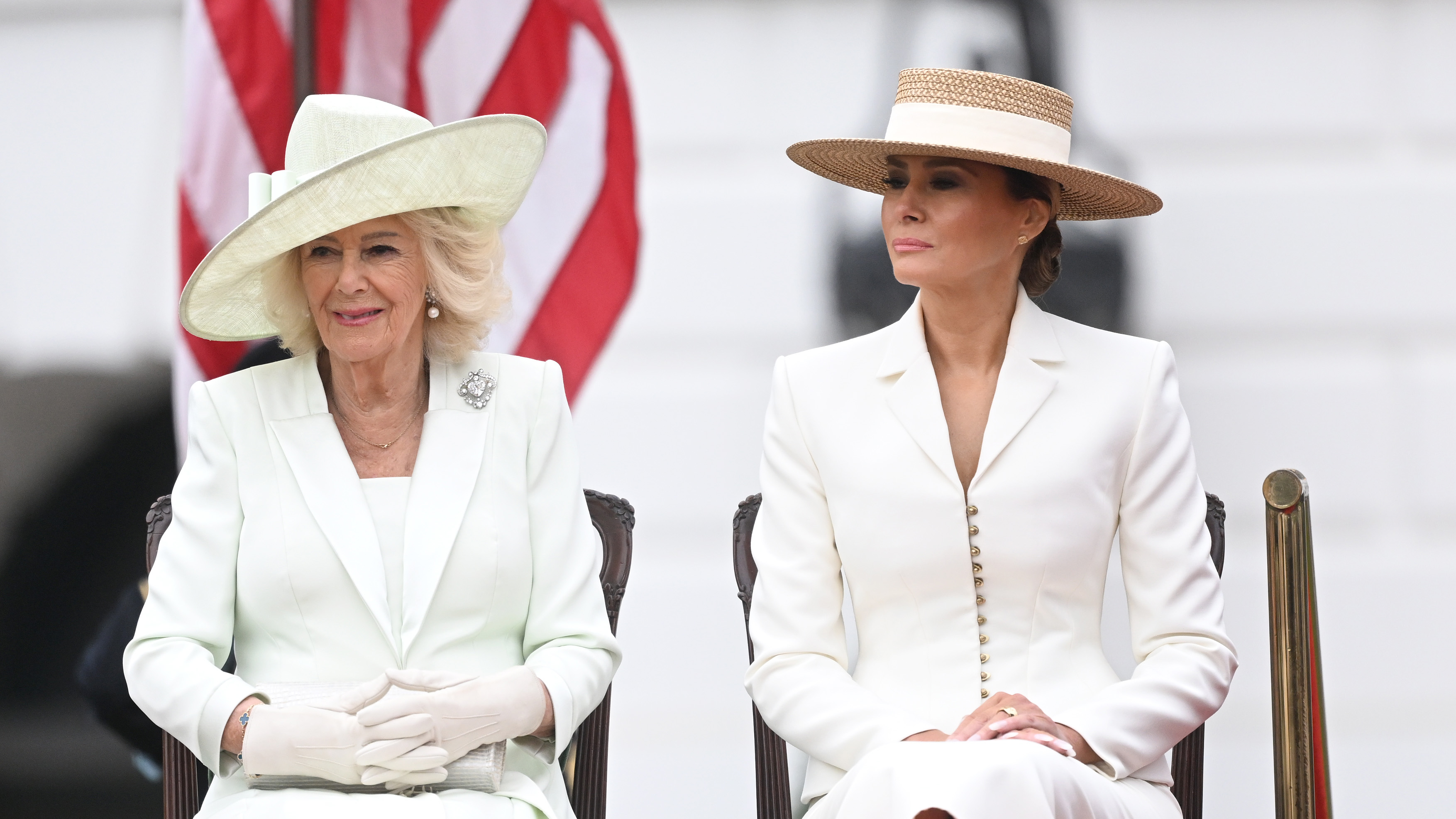 Queen Camilla and Melania Trump attend the state arrival ceremony on the South Lawn on day two of the State Visit of King Charles III and Queen Camilla to the United States of America on April 28, 2026, in Washington, DC | Source: Getty Images