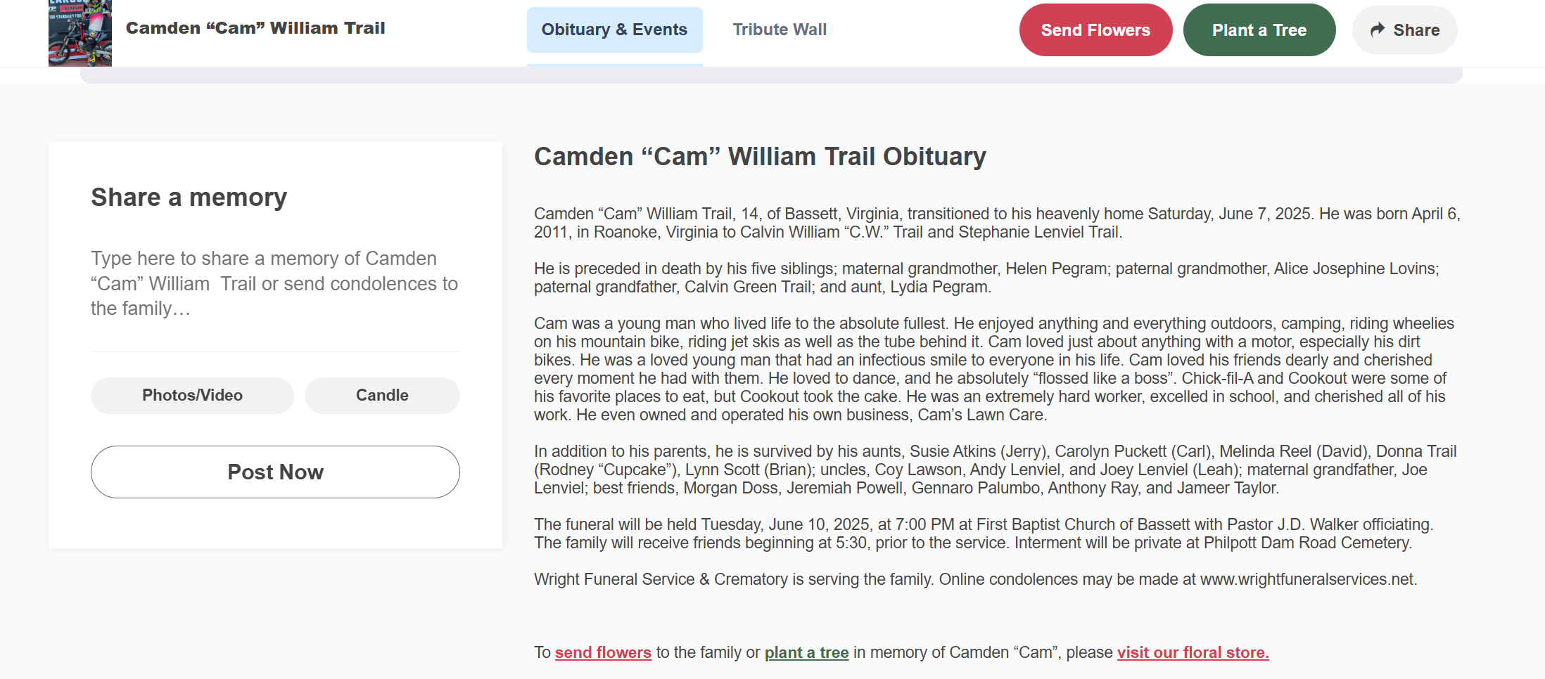 Camden Trail's obituary dated June 9, 2025 | Source: Wright Funeral Services