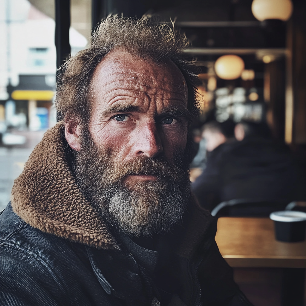 A homeless man in a café | Source: Midjourney