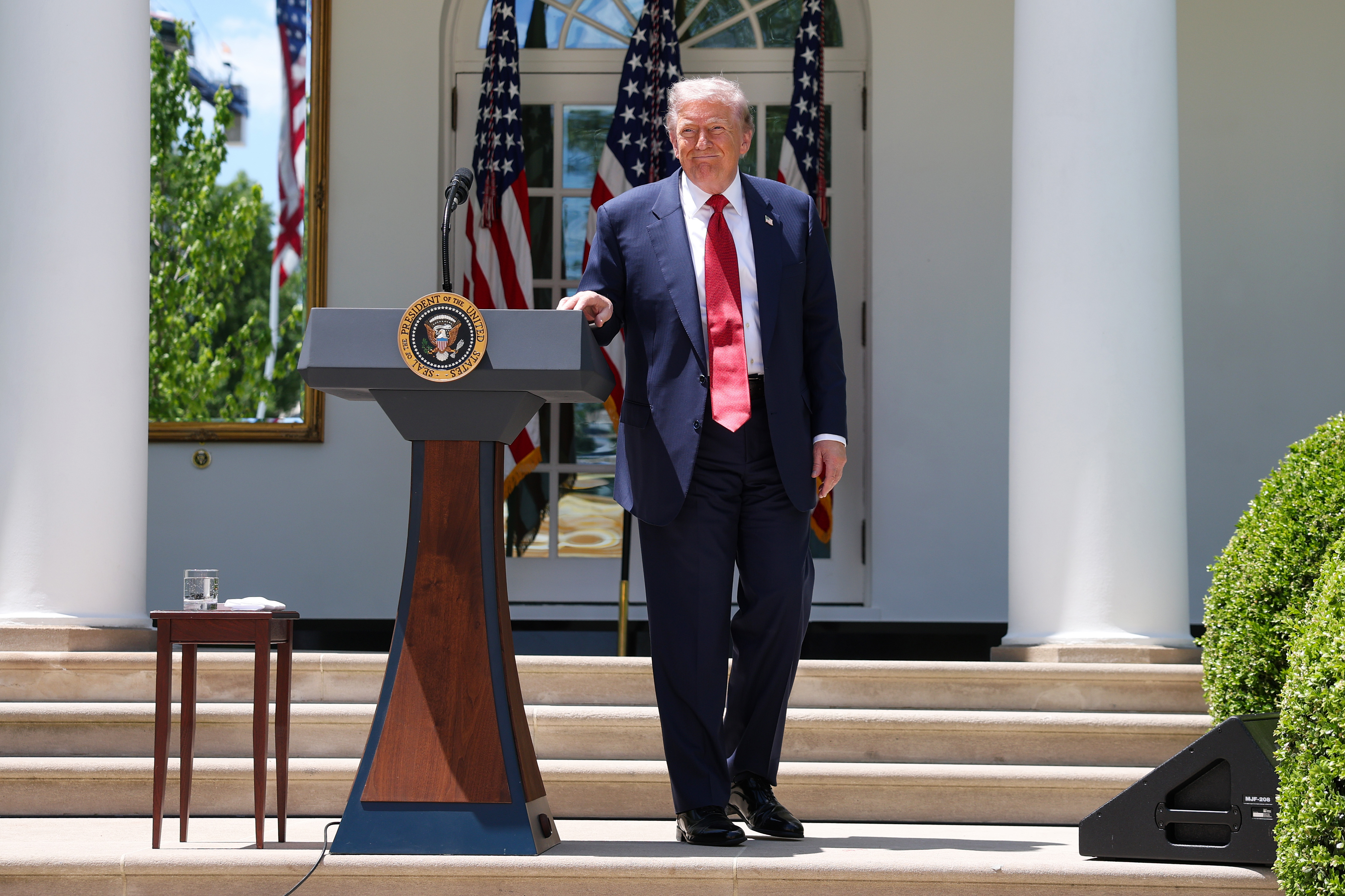 Donald Trump leaves the podium after delivering remarks during a Mother's Day luncheon in the Rose Garden of the White House on May 8, 2026 in Washington, DC | Source: Getty Images