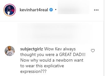 A fan's comment on Kevin Hart's picture of his baby Kaori publicizing his Netflix movie. | Photo: Instagram/Kevinheart4real