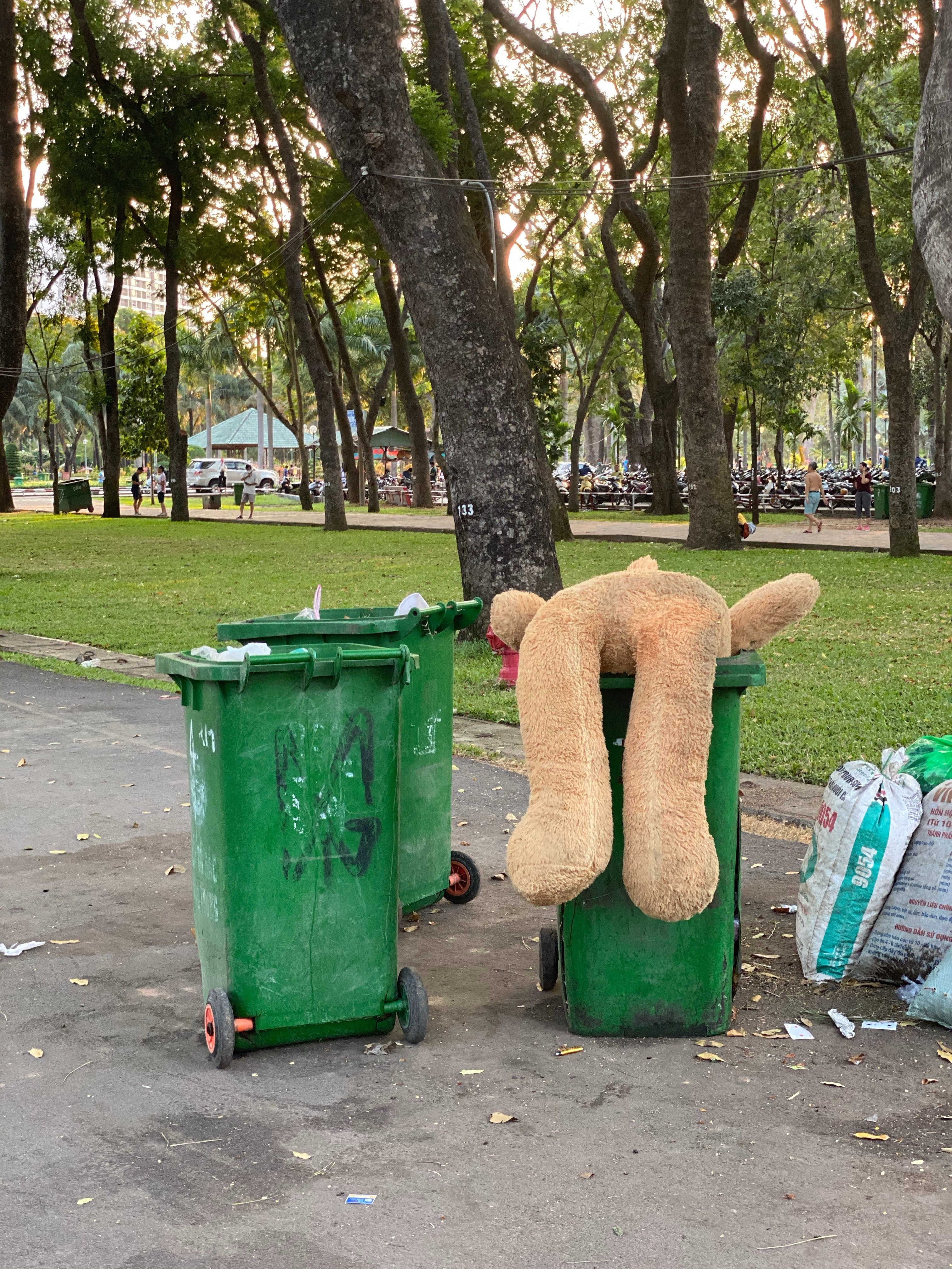 Un oso de peluche enorme en un contenedor de basura. | Foto: Pexels