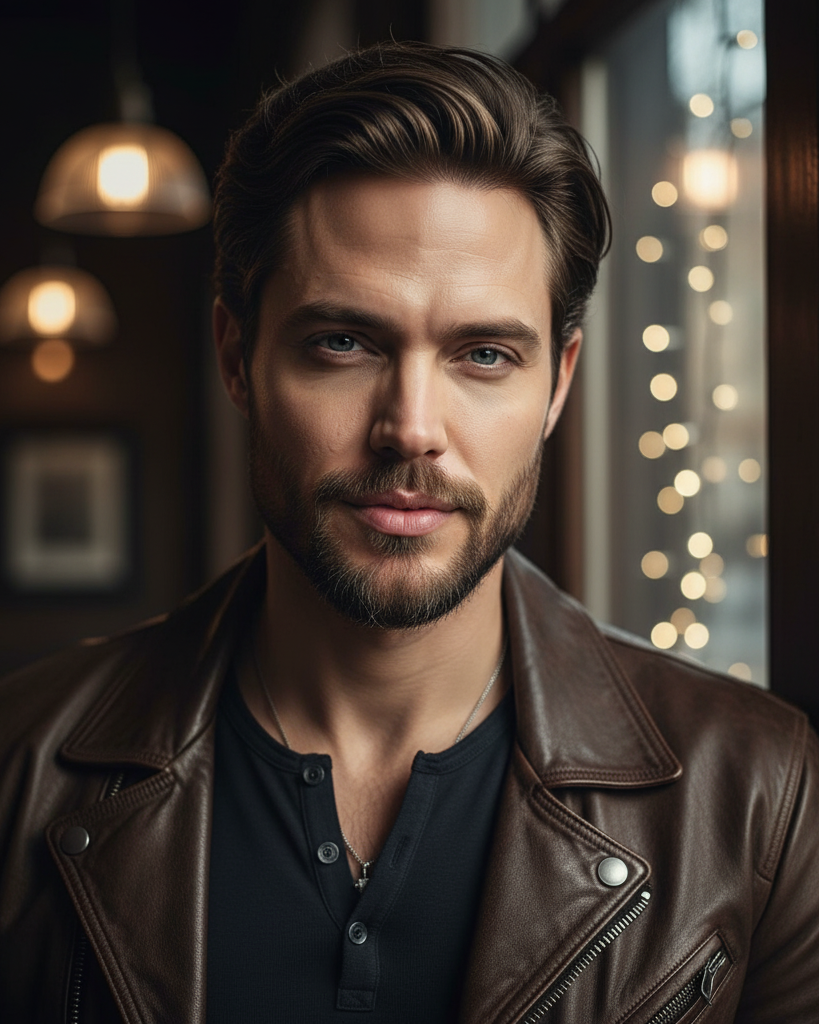 Jolie’s male counterpart channels that same magnetism — now in the form of a brooding, sharp-featured man with a perfectly trimmed beard and piercing eyes. The strong jaw, slightly tousled hair, and subtle smirk give him the air of someone who always knows more than he’s letting on. | Source: Gemini