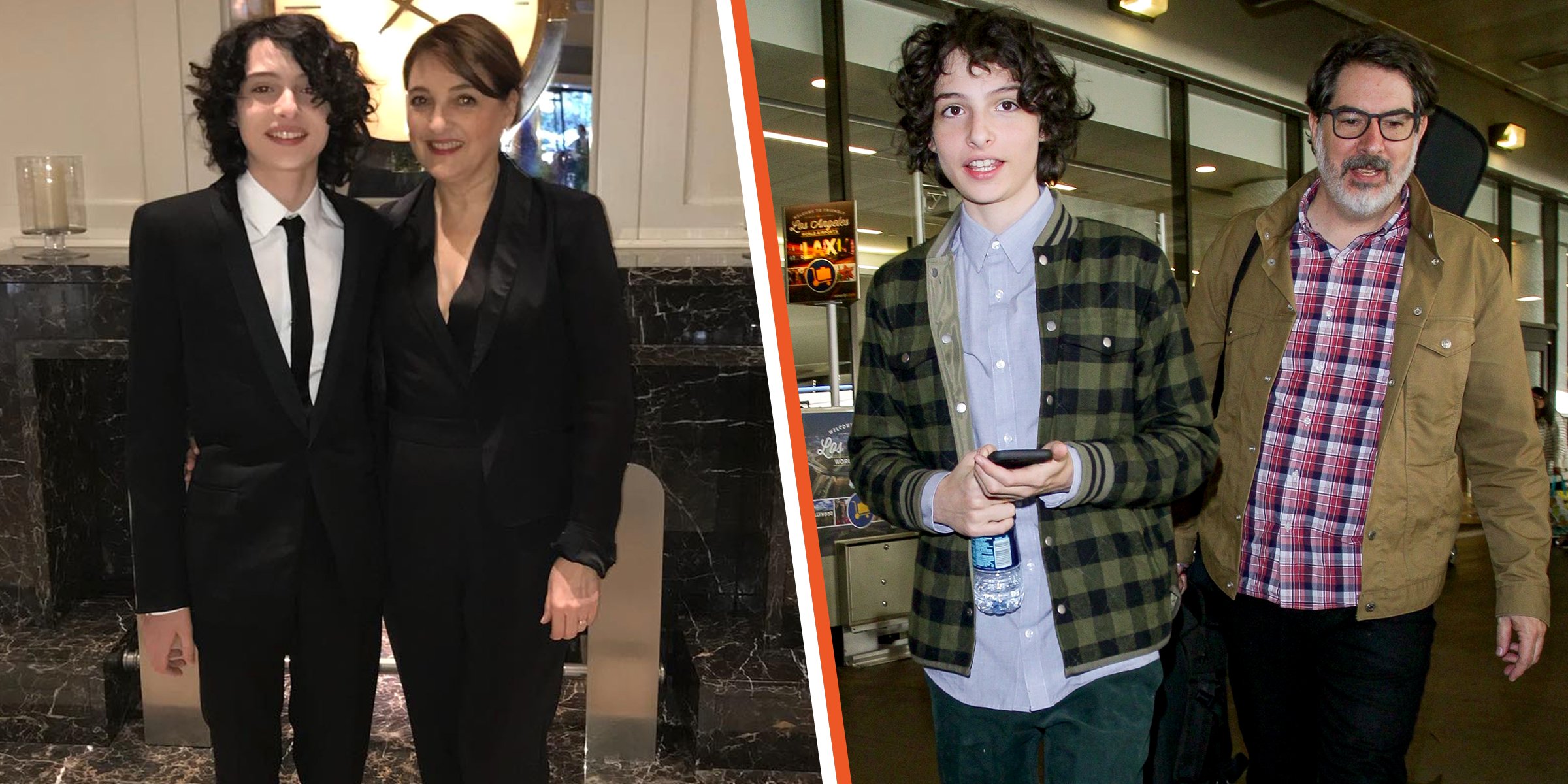 Finn Wolfhard and his mother, Mary Jolivet. | Finn Wolfhard and his father, Eric Wolfhard. | Source: Instagram/rhondaspiesstylist | Getty Images