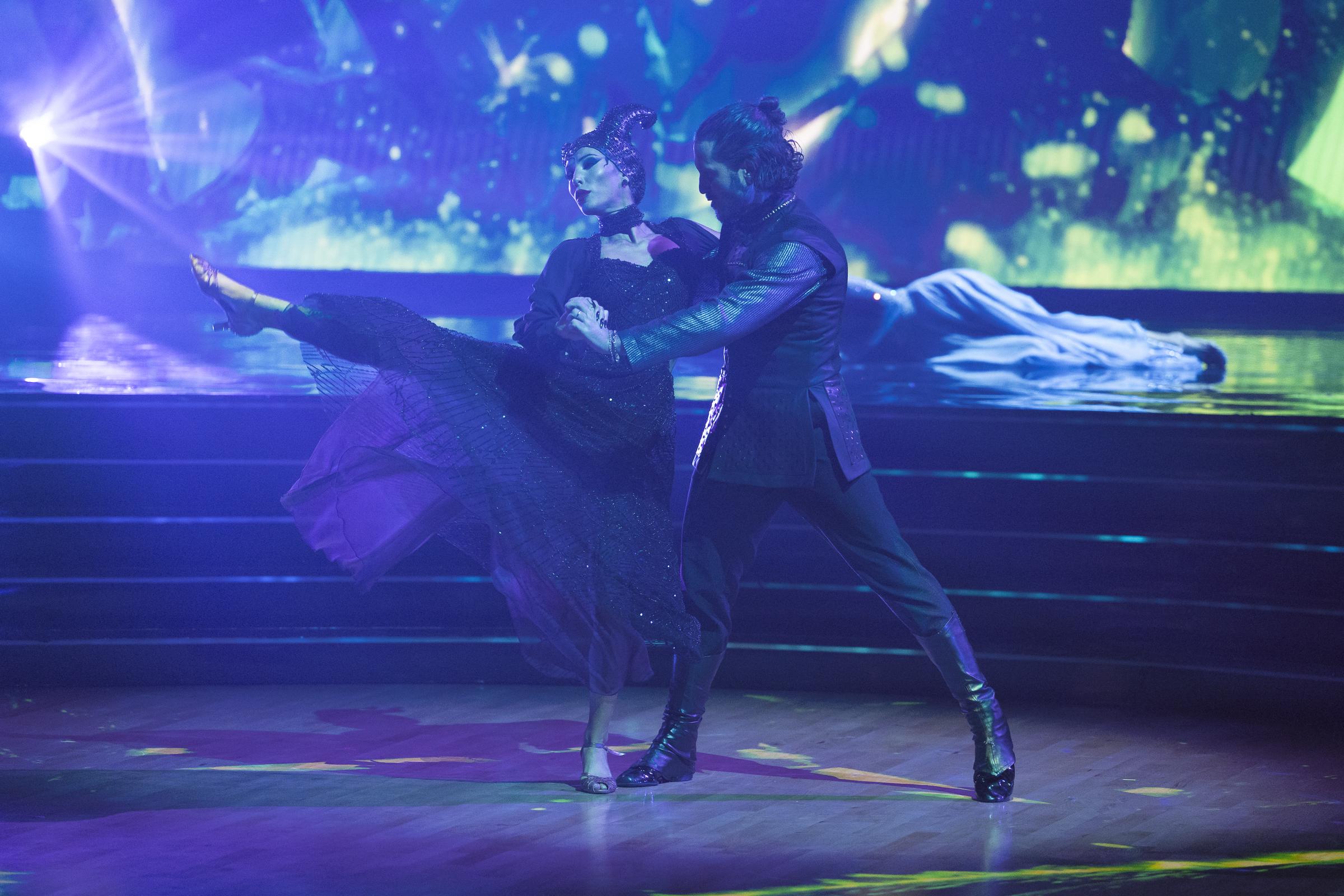 Alix Earle and Valentin Chmerkovskiy performing to Lana Del Rey's "Once Upon a Dream" from the movie "Maleficent" on "Dancing with the Stars" on October 7, 2025 | Source: Getty Images