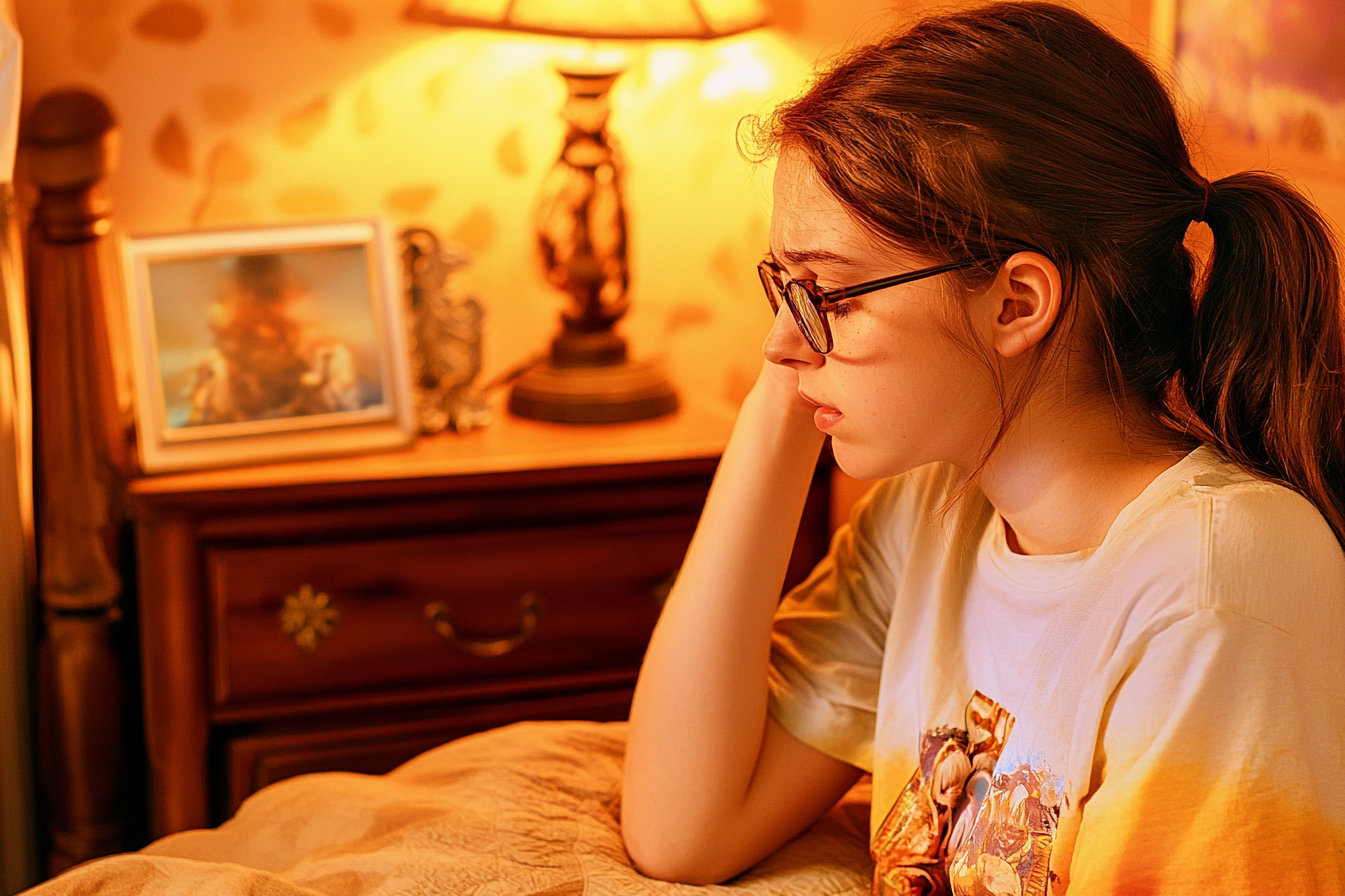 A teenager worried beside a bed | Source: Midjourney