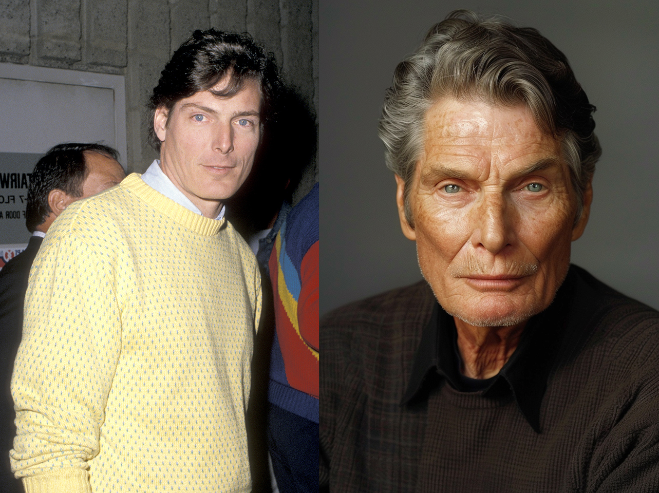 Christopher Reeve during the "She's Out of Control" premiere in 1989 | AI image of Christopher Reeve in old age | Source: Getty Images | Midjourney