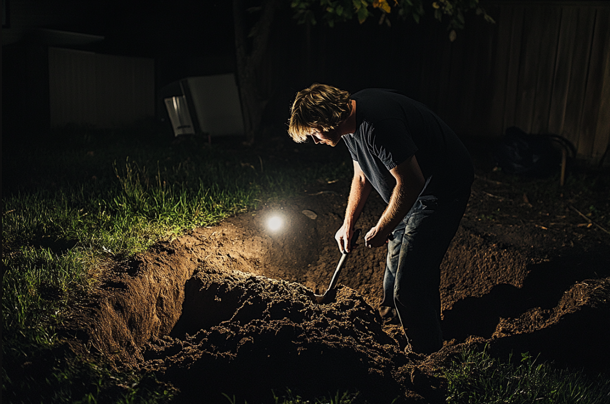 A man digging a hole at night | Source: Midjourney