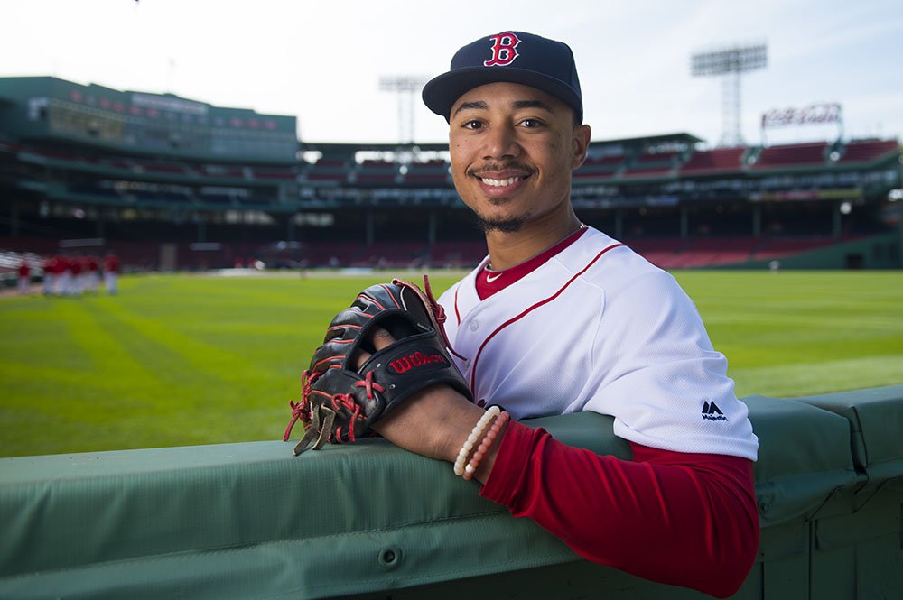 Mookie Betts poses for a photograph in right field on April 28, 2016 at Fenway Park in Boston, Massachusetts. | Image: Getty Images.  