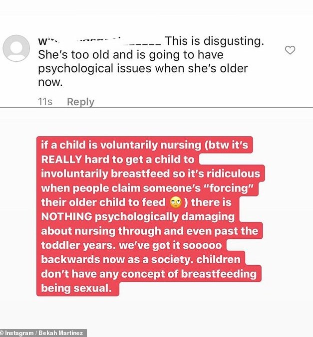 Bekah Martinez slamming a troll on social media about mom-shaming her breastfeeding habits. | Source: InstagramStories/bekah