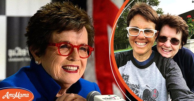 (L) Tennis legend Billie Jean King speaks to the media before a first round 2019 Fed Cup match between the USA and Australia at U.S. Cellular Center on February 09, 2019 in Asheville, North Carolina. (R) A screengrab on Billie Jean King and her wife Illana Kloss flashing | Photo: Getty Images and Instagram/@billiejeanking