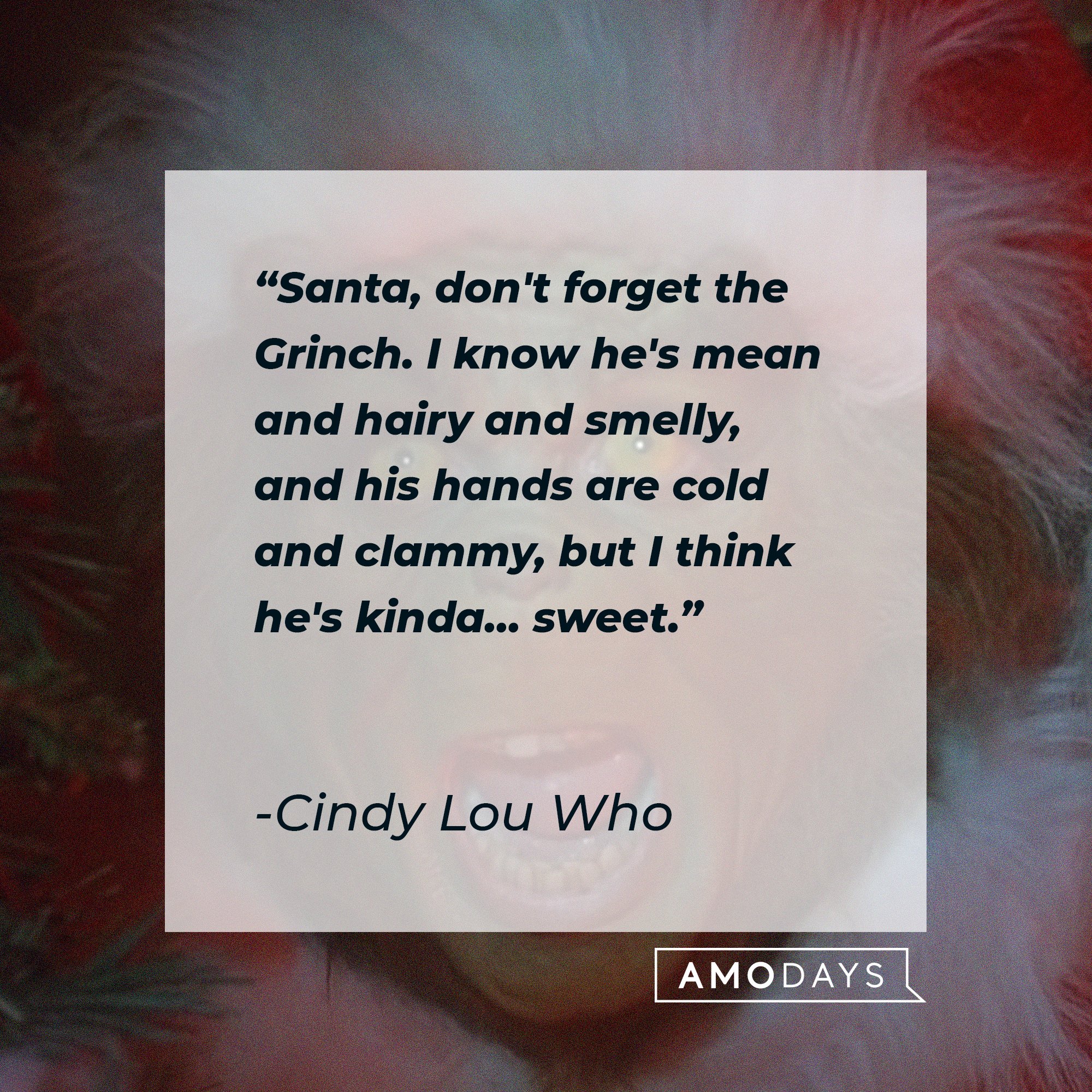 Cindy Lou Who’s quote: quote: "Santa, don't forget the Grinch. I know he's mean and hairy and smelly, and his hands are cold and clammy, but I think he's kinda... sweet." | Image: AmoDays