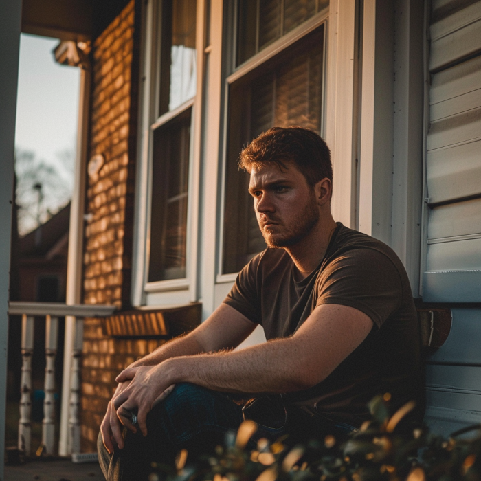 A depressed man sitting alone on the front porch of his house | Source: Midjourney