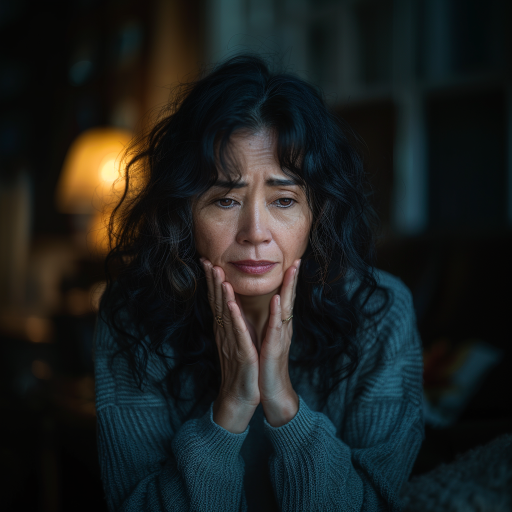 Middle-aged Asian woman looking devastated | Midjourney