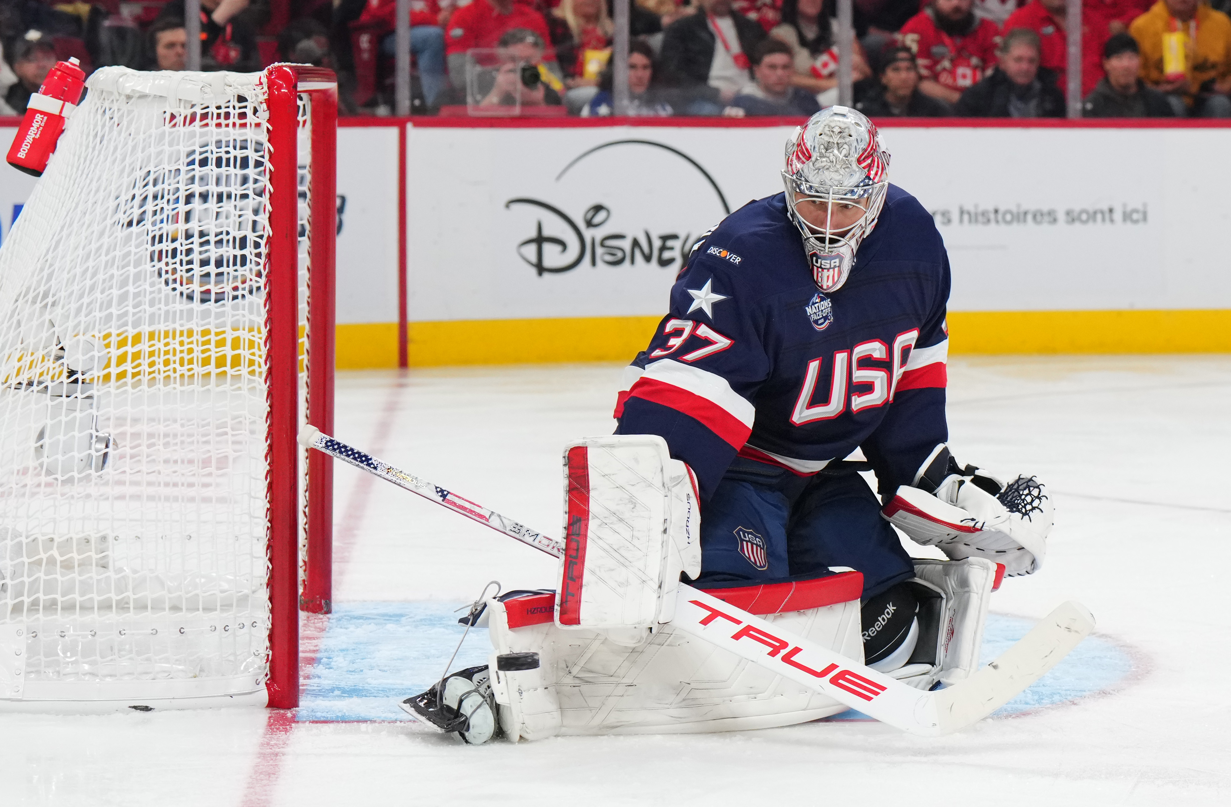 Connor Hellebuyck #37 of Team United States makes a save during the third period of the 4 Nations Face-Off game between the United States and Canada at Bell Centre on February 15, 2025, in Montreal, Quebec | Source: Getty Images