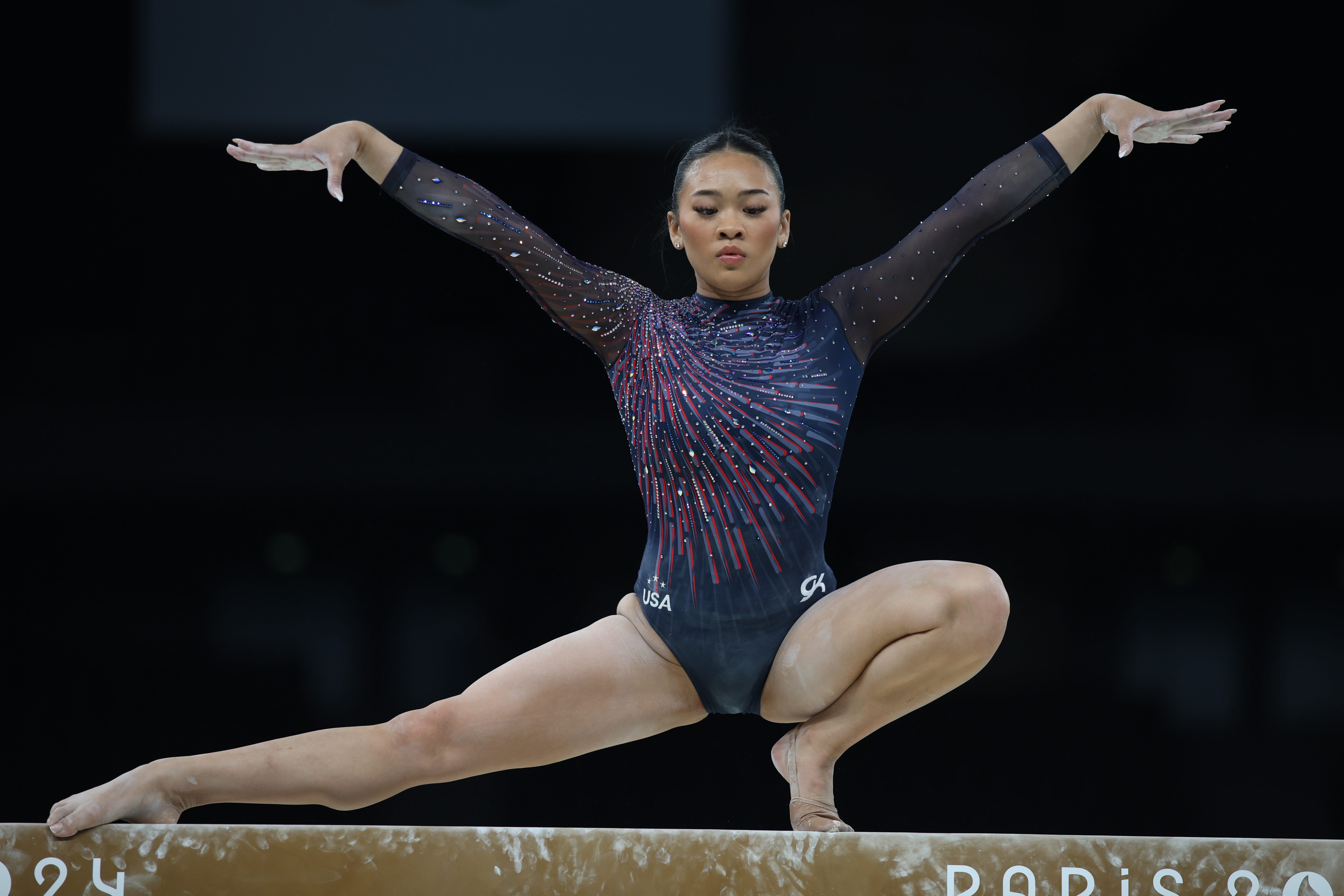 Suni Lee performing her balance beam routine during Artistic Gymnastics podium training, in preparation for the Paris 2024 Summer Olympic Games on July 25, 2024, in Paris, France. | Source: Getty Images