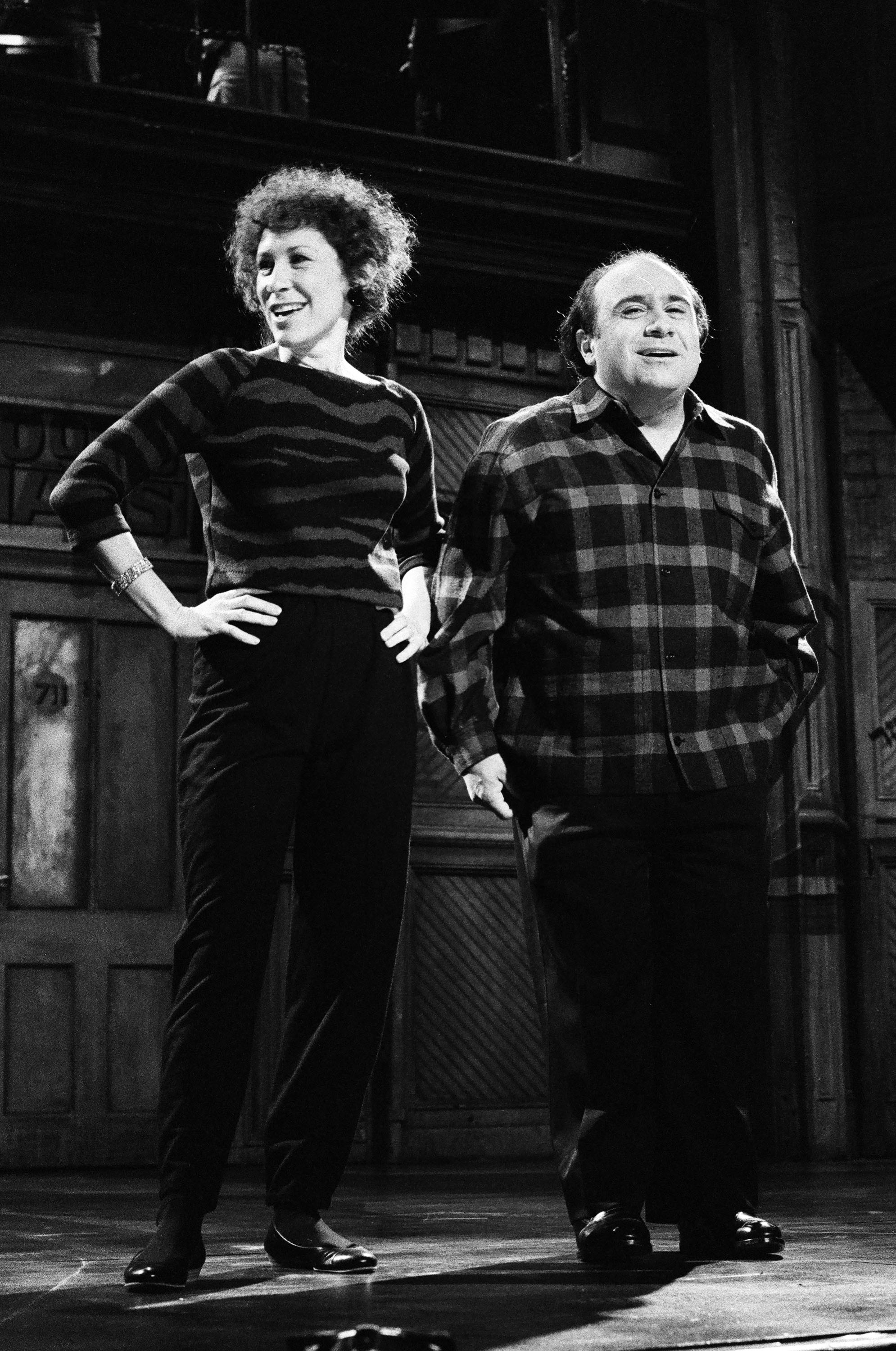 Rhea Perlman and Danny DeVito during the "Saturday Night Live" monologue on October 15, 1983. Photo: Getty Images