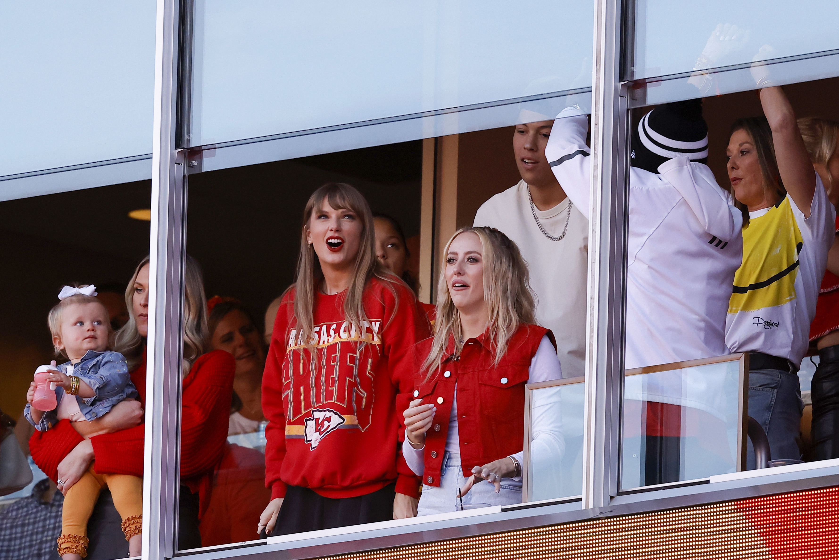 Taylor Swift and Brittany Mahomes spotted reacting to a touchdown scored by Travis Kelce during a football game on October 22, 2023, in Kansas City, Missouri. | Source: Getty Images