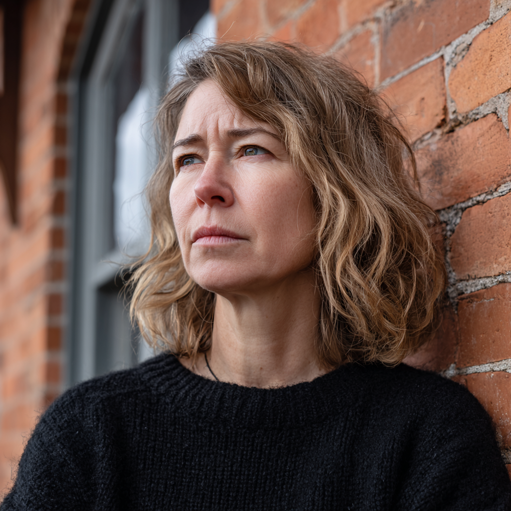 A concerned woman leaning against a wall | Source: Midjourney