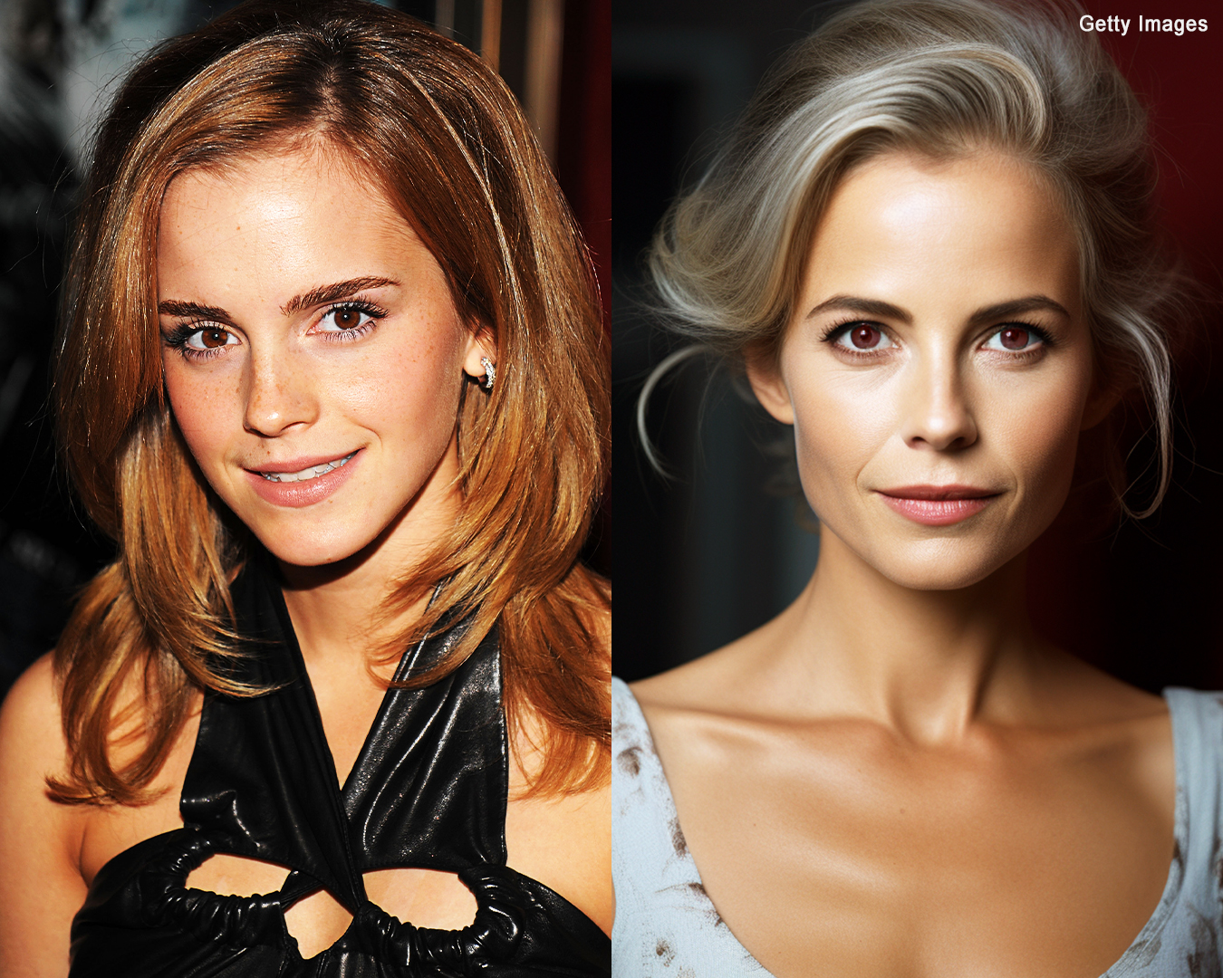 Emma Watson in her real life | An AI depiction of what Emma Watson might look like in 20 years | Source: Getty Images | Midjourney
