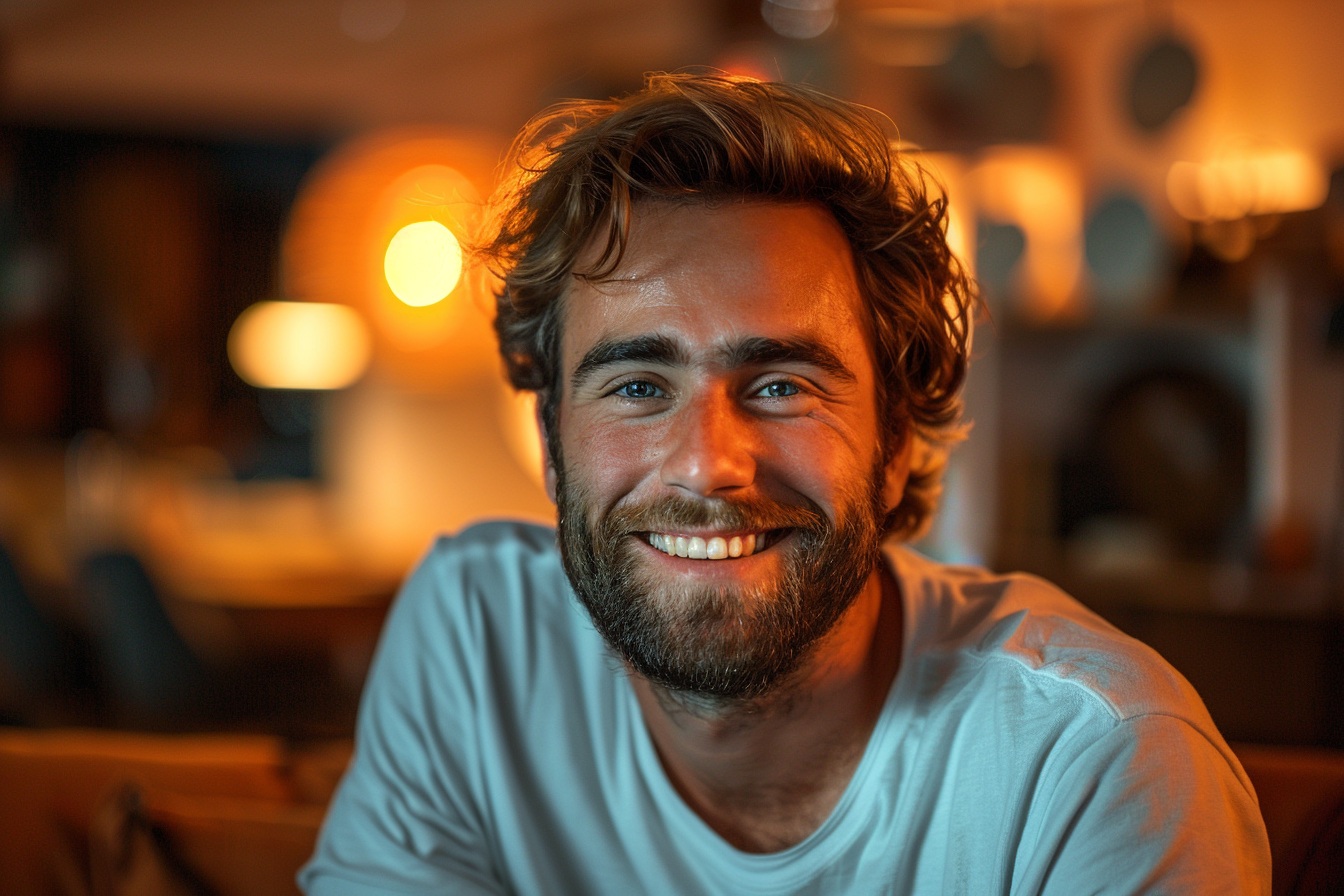 Man sitting on the couch and smiling | Source: Midjourney