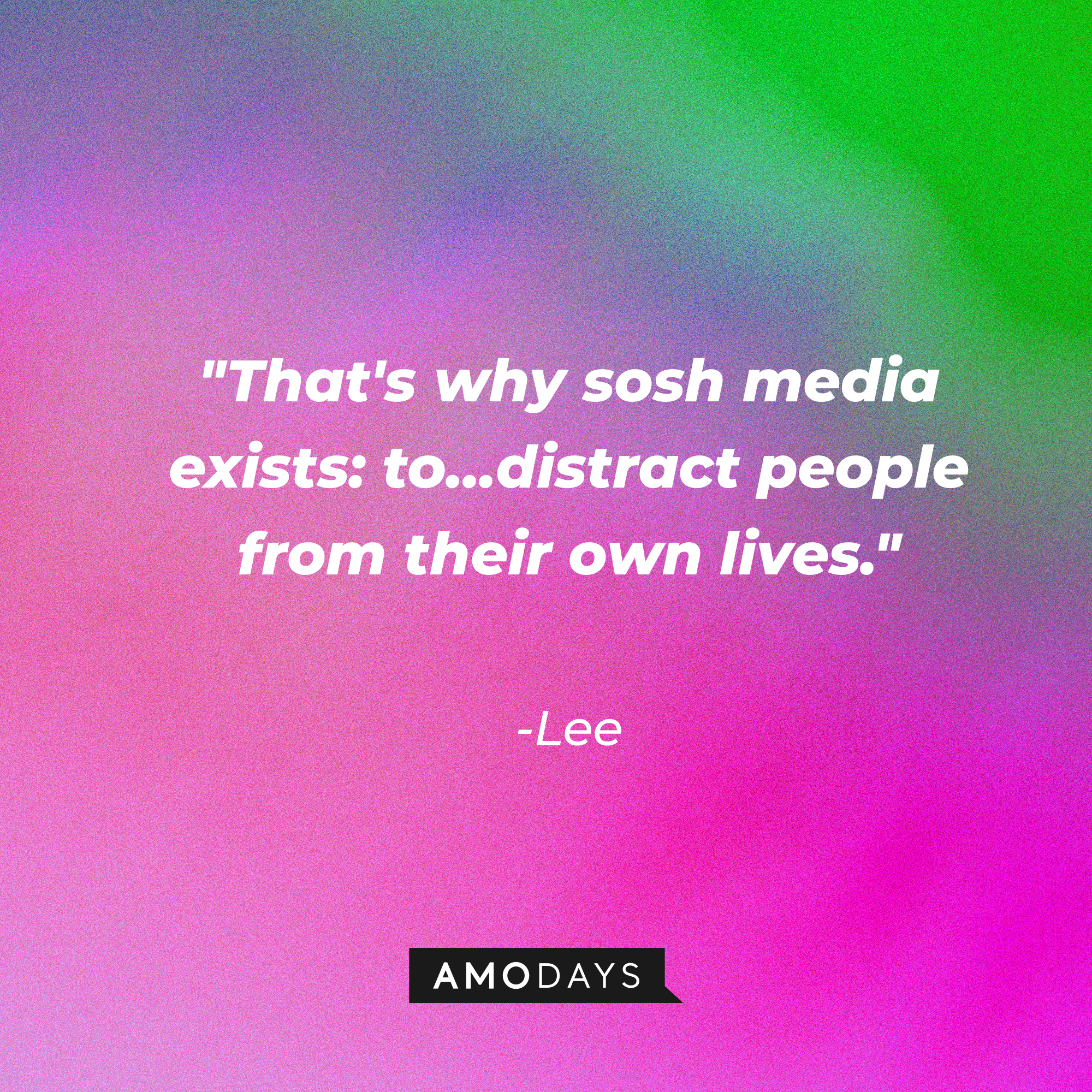 Lee's quote: "That's why sosh media exists: to…distract people from their own lives.” | Source: AmoDays