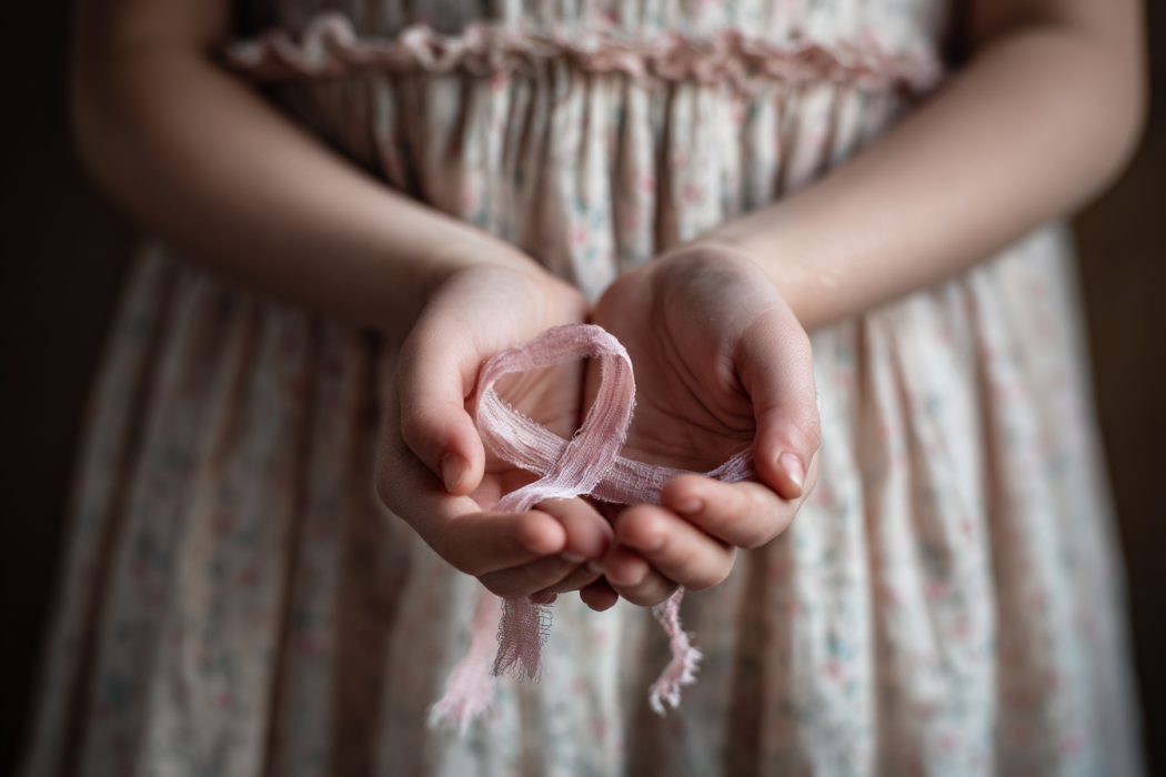 A close-up shot of a little girl holding a pink ribbon frayed from the edges | Source: Midjourney