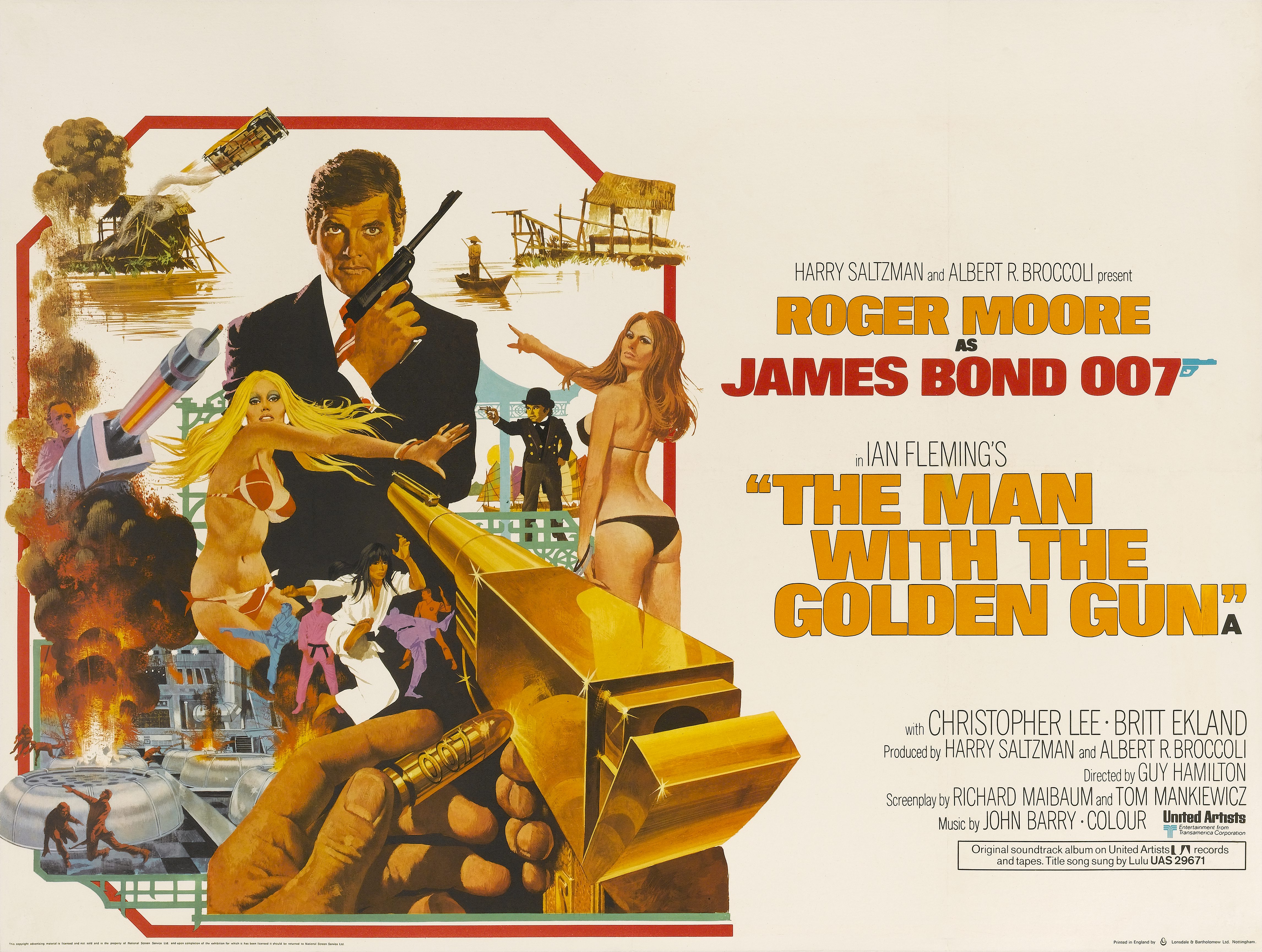 A poster for Guy Hamilton's action movie 'The Man with the Golden Gun' starring Roger Moore as 'James Bond' in 1974. | Source: Getty Images