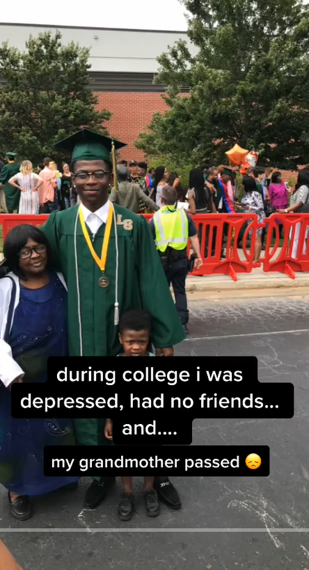 Lil Nas X in his graduation gown with family, reflecting on depression and the loss of his grandmother during college, as posted in February 2017 | Source: TikTok/lilnasx