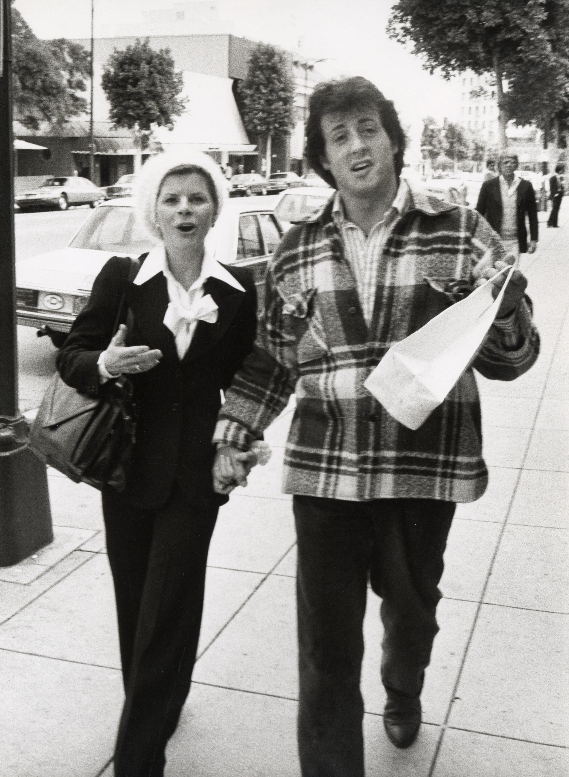 Sasha Czack Stallone and Sylvester Stallone during a sighting on Rodeo Drive on April 12, 1978, in Beverly Hills, California. | Source: Getty Images
