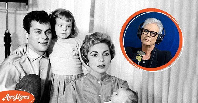 Tony Curtis and Janet Leigh with their children Kelly Curtis and and younger daughter Jamie Lee Curtis in 1959. (Left), Jamie Lee Curtis visits the SiruiusXM studios at SiriusXM Hollywood Studio on November 25, 2019 (right) | Photo: Getty Images