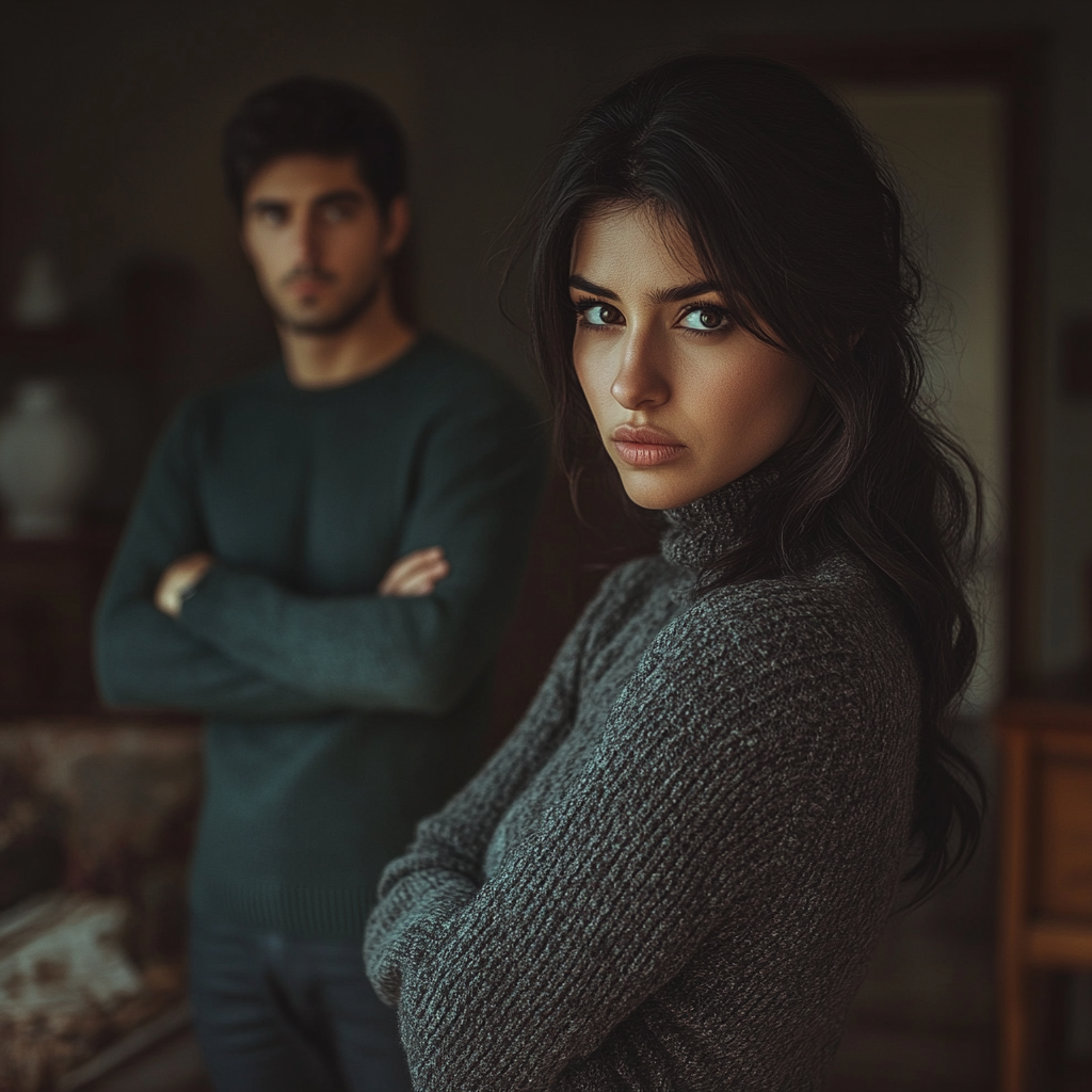 An angry woman with her husband behind her | Source: Midjourney