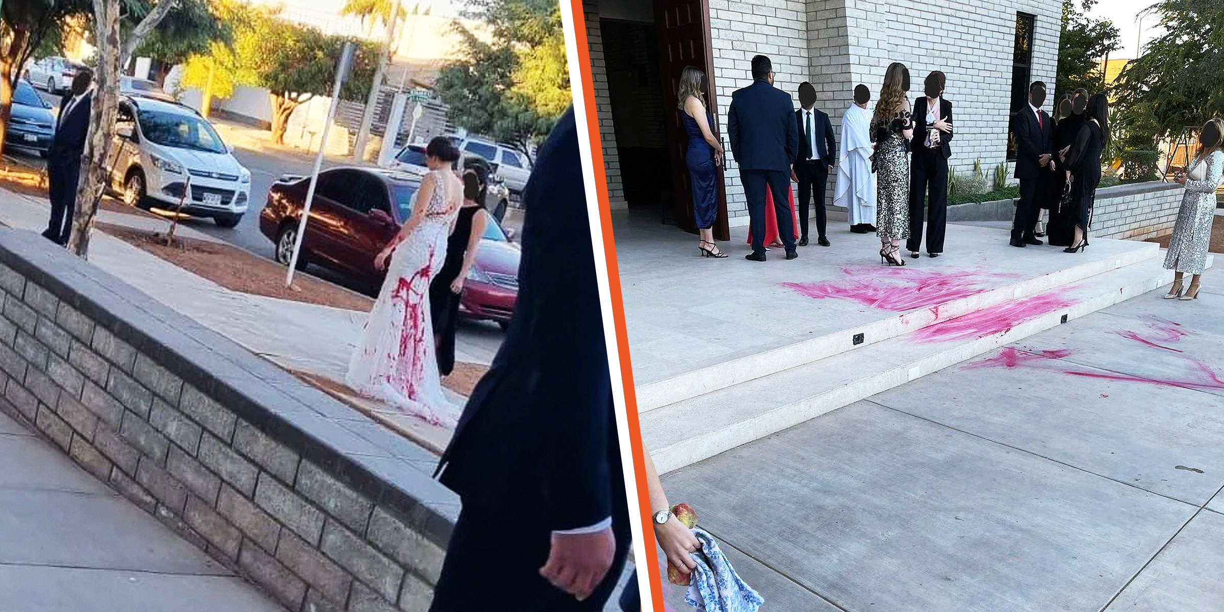 The bride with paint on her wedding dress | Guests at the wedding | Source: Reddit/r/weddingshaming