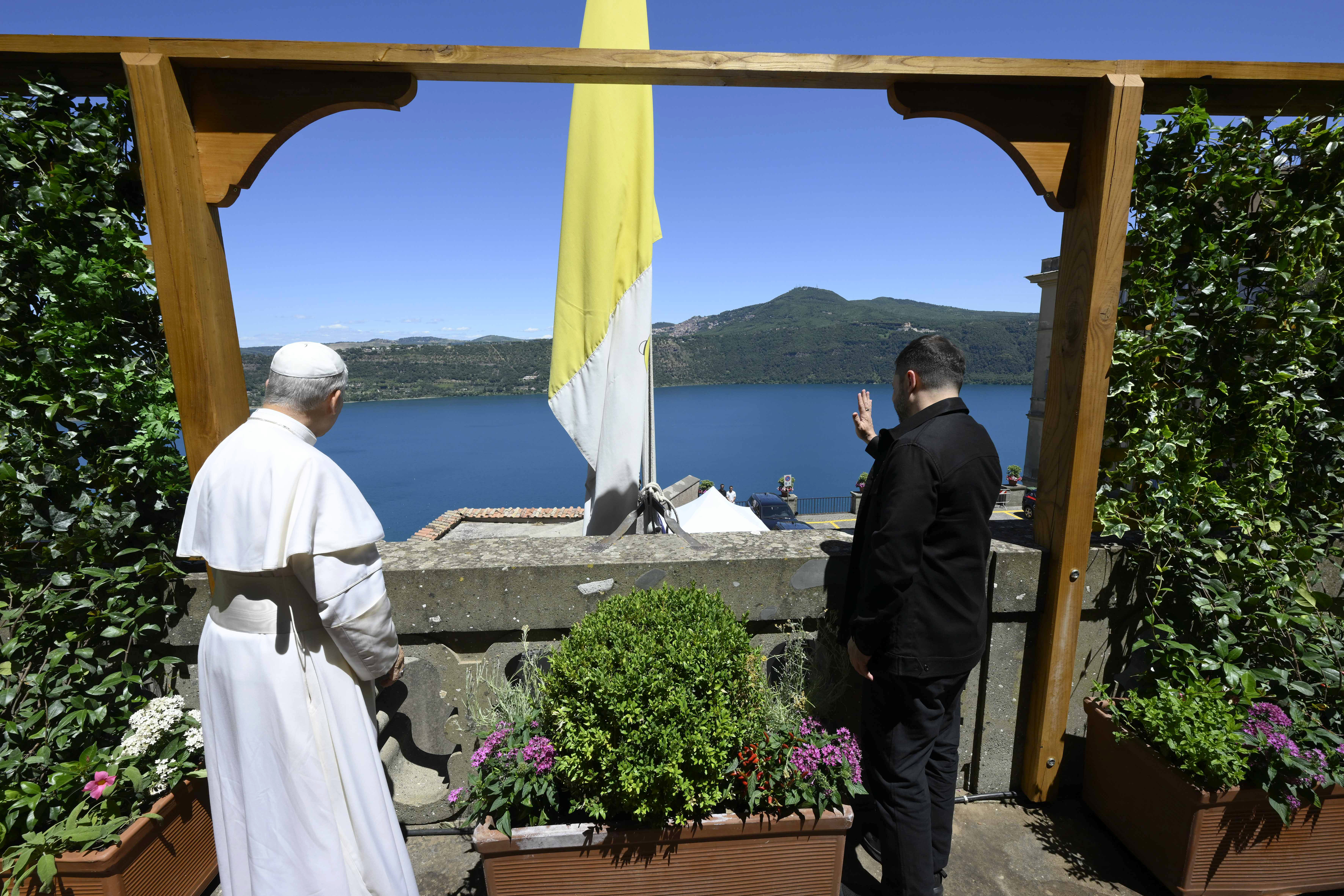 Pope Leo XIV and Volodymyr Zelensky pictured on July 9, 2025, in Albano Laziale, Italy. | Source: Getty Images
