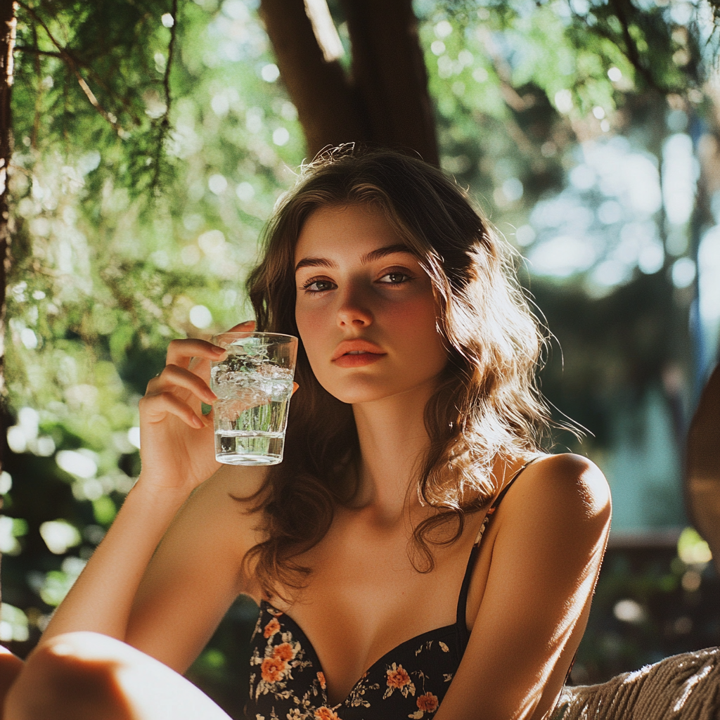 Woman holding a glass of water | Source: Midjourney