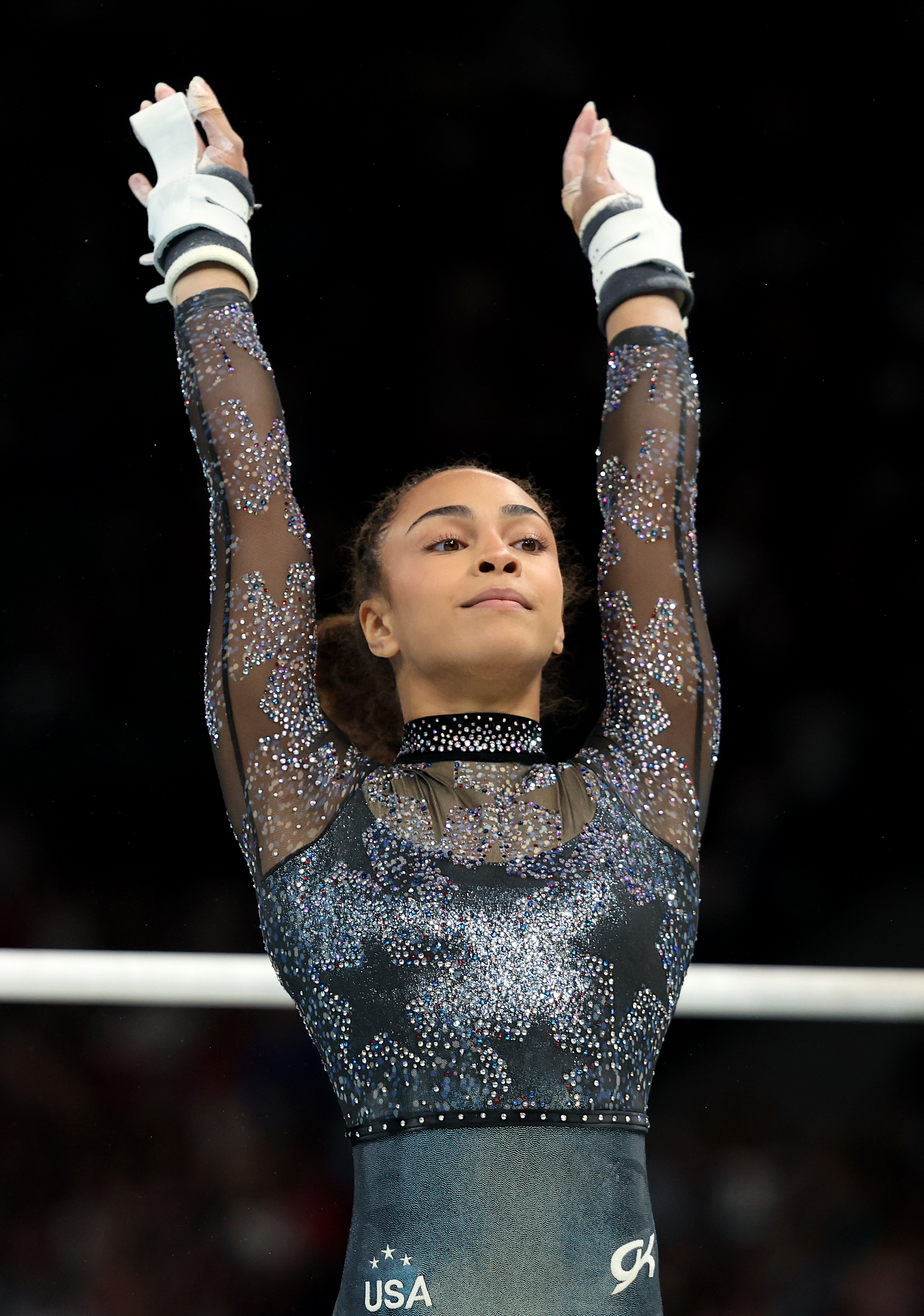 Hezly Rivera of Team US reacts after finishing her routine on the uneven bars during the Artistic Gymnastics Women's Qualification at the Paris Olympic Games on July 28, 2024, in Paris, France | Source: Getty Images