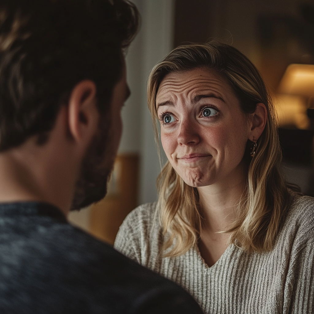 A teary-eyed woman looks at her husband | Source: Midjourney