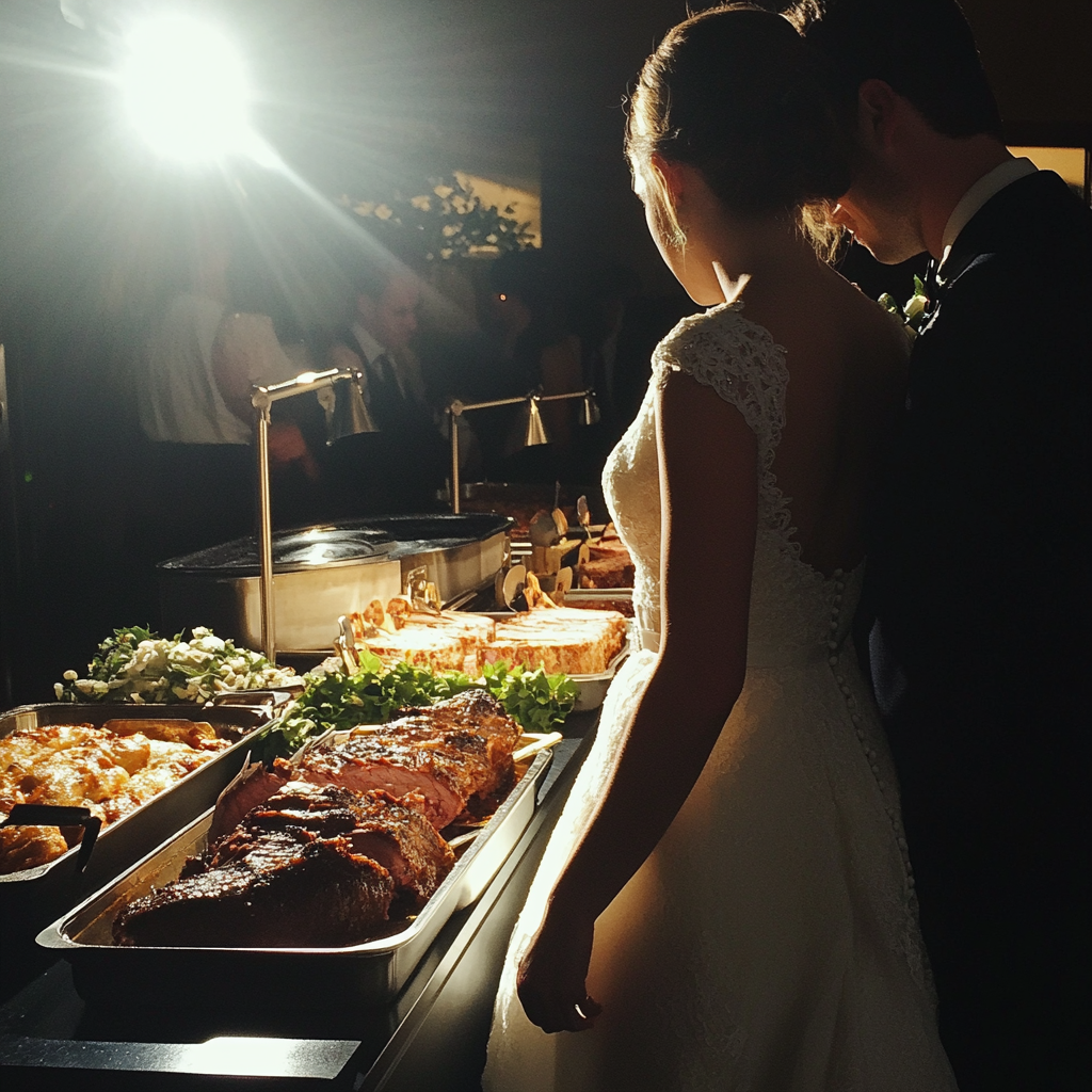 A couple standing at a wedding buffet | Source: Midjourney