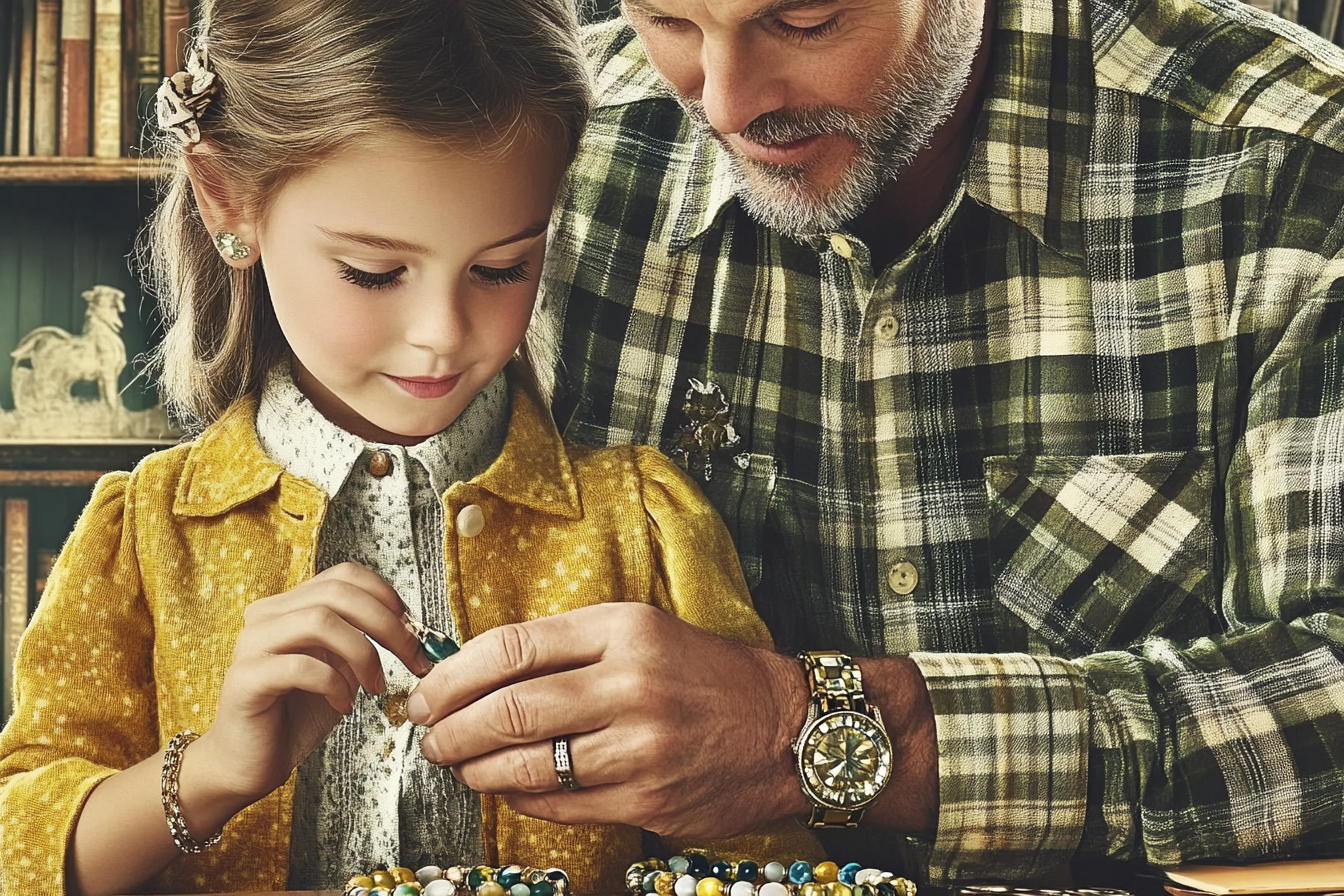 A little girl making bracelets with her father | Source: Midjourney