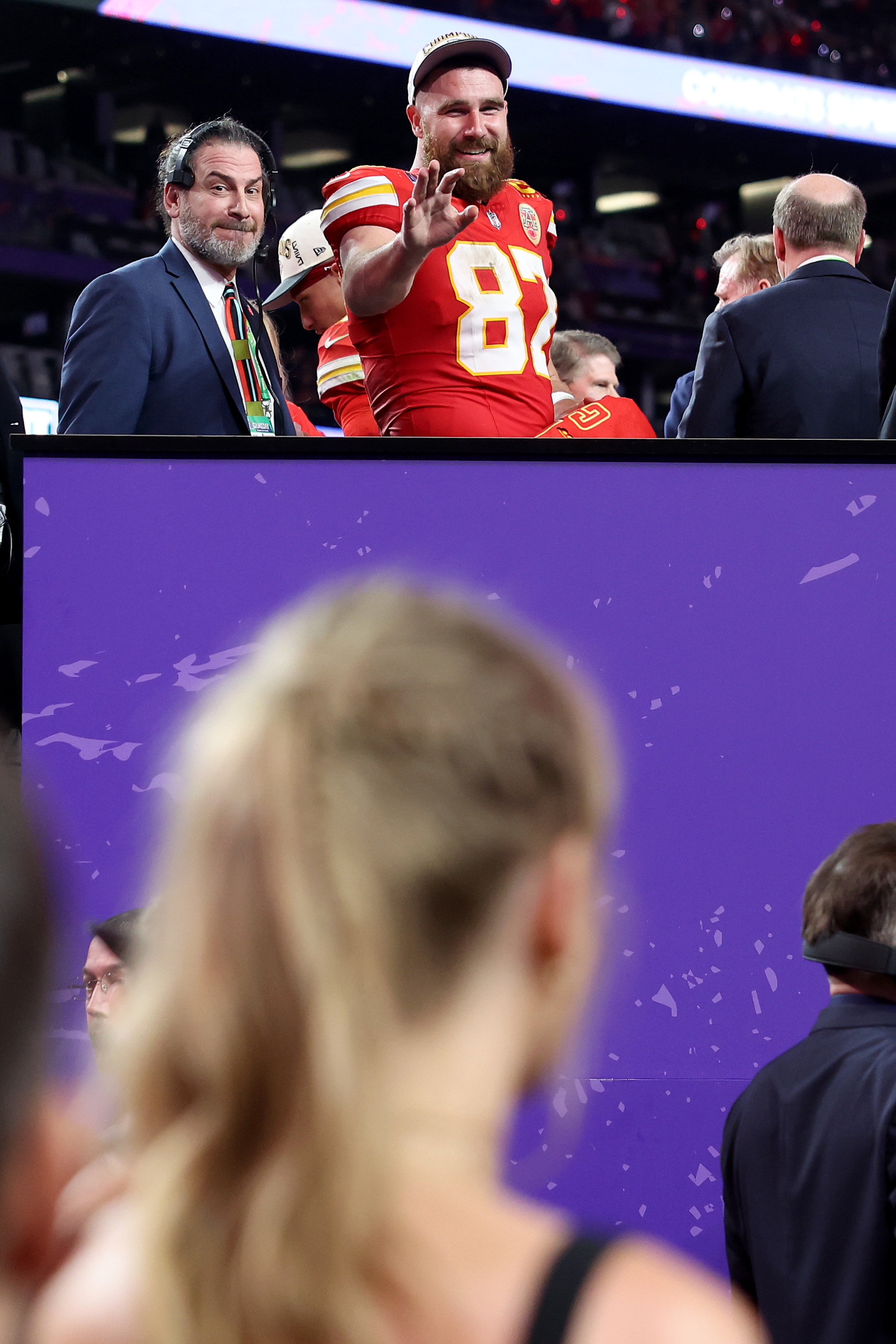 Travis Kelce waving to Taylor Swift after his team, the Kansas City Chiefs, defeating the San Francisco 49ers during the Super Bowl LVIII game on February 11, 2024 at Allegiant Stadium in Las Vegas, Nevada | Source: Getty Images
