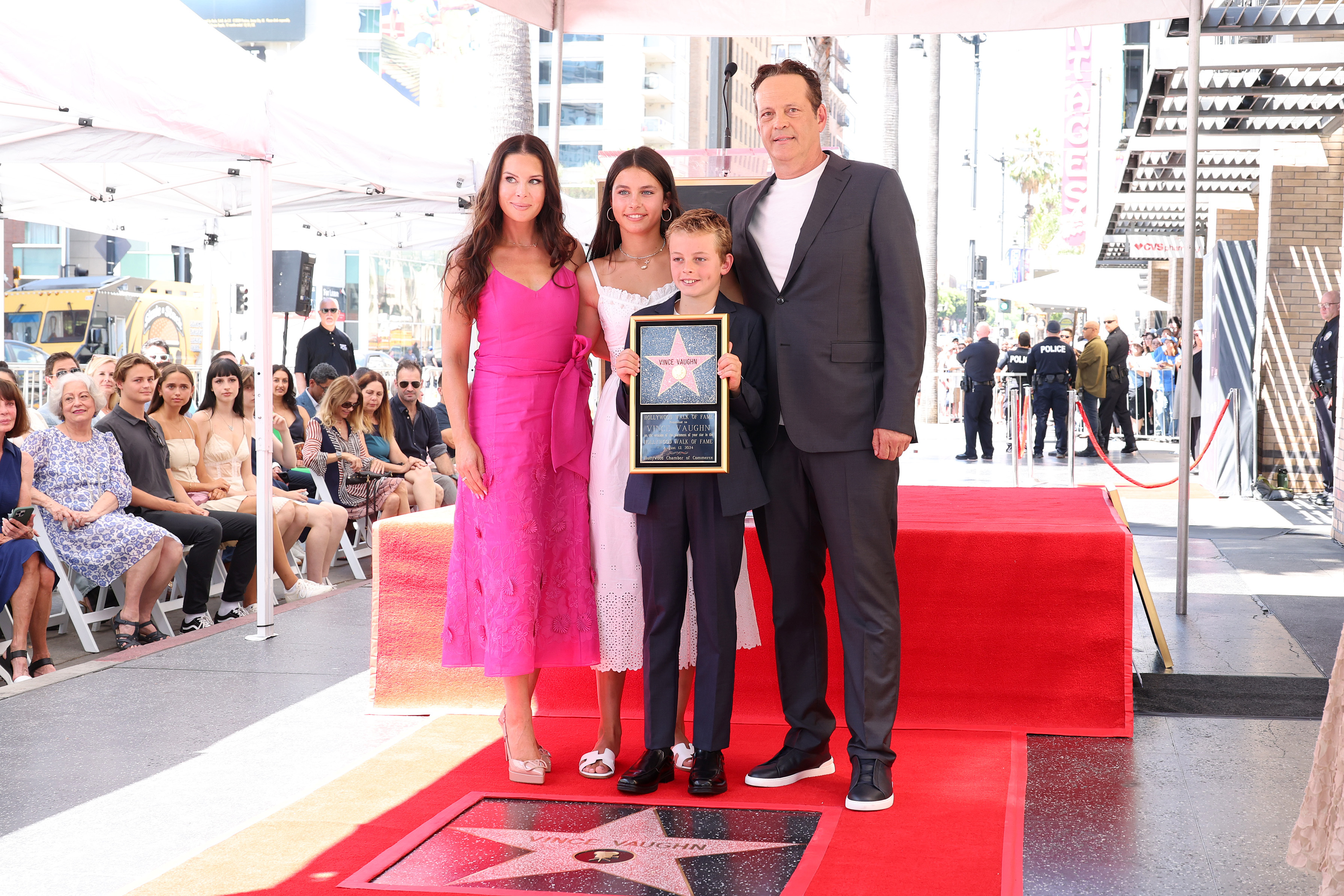 Vince Vaughn, his wife Kyla Weber, and their kids Locklyn and Vernon at Vince's Hollywood Walk of Fame star ceremony on August 12, 2024 | Source: Getty Images