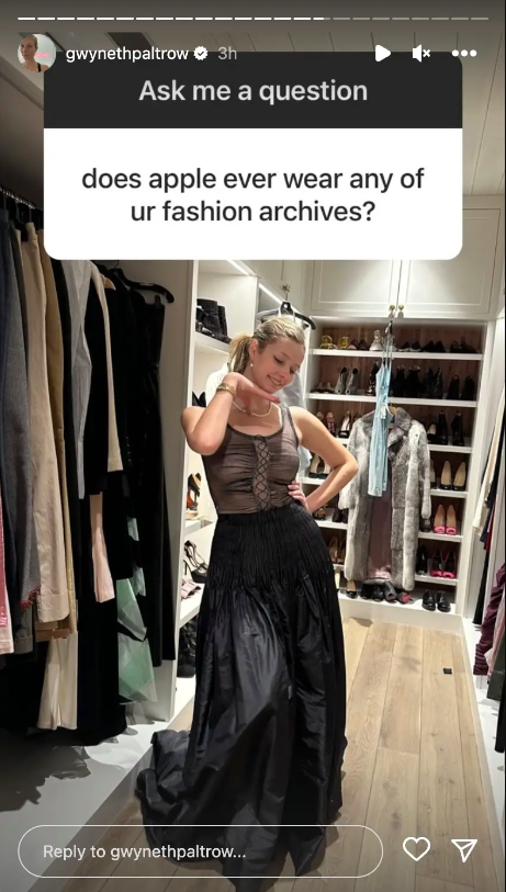 A screenshot of Gwyneth Paltrow's daughter Apple Martin wearing the infamous 2002 Oscar dress posted on Instagram Stories on 15 June, 2023 | Source: Instagram.com/@gwynethpaltrow