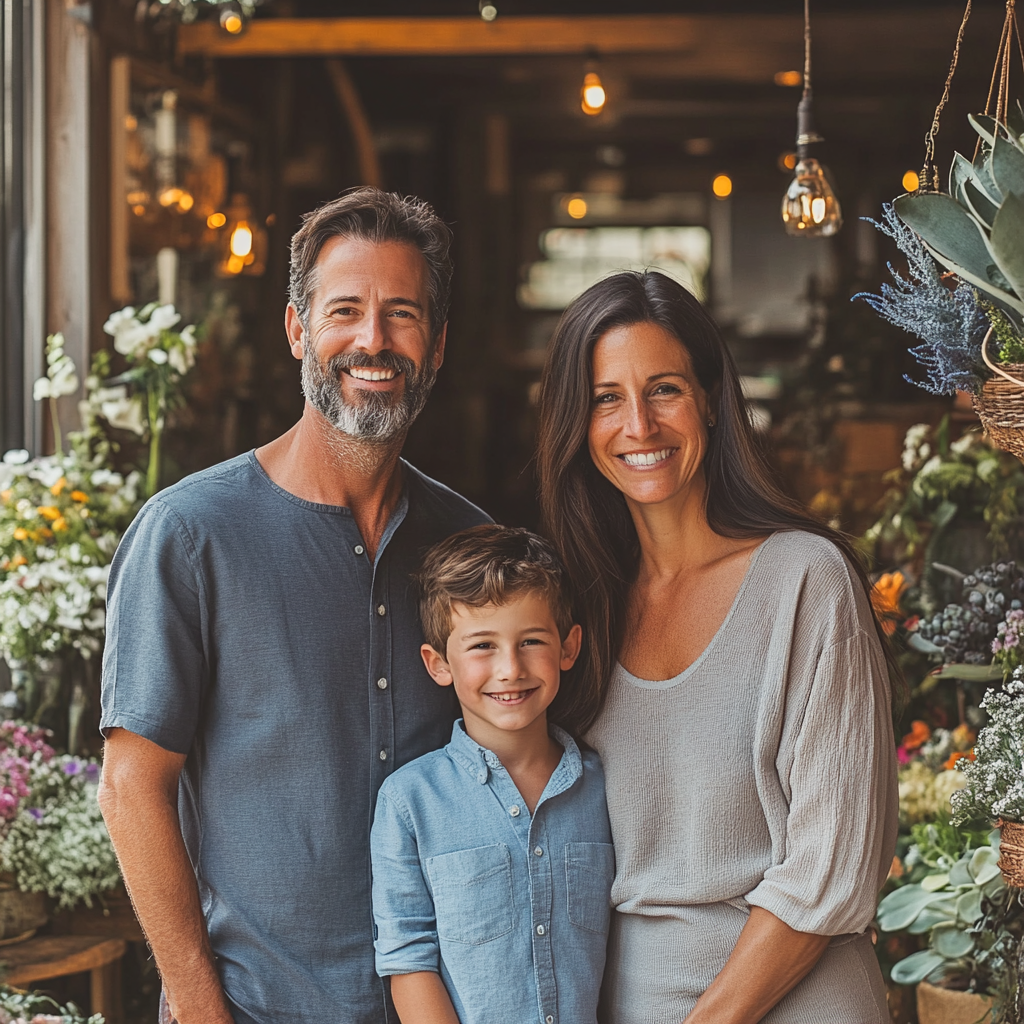 A smiling family at a flower shop | Source: Midjourney