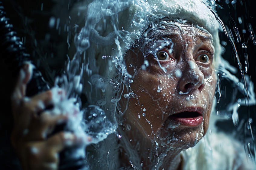 A shocked woman covered in white paint while holding a hose | Source: Midjourney